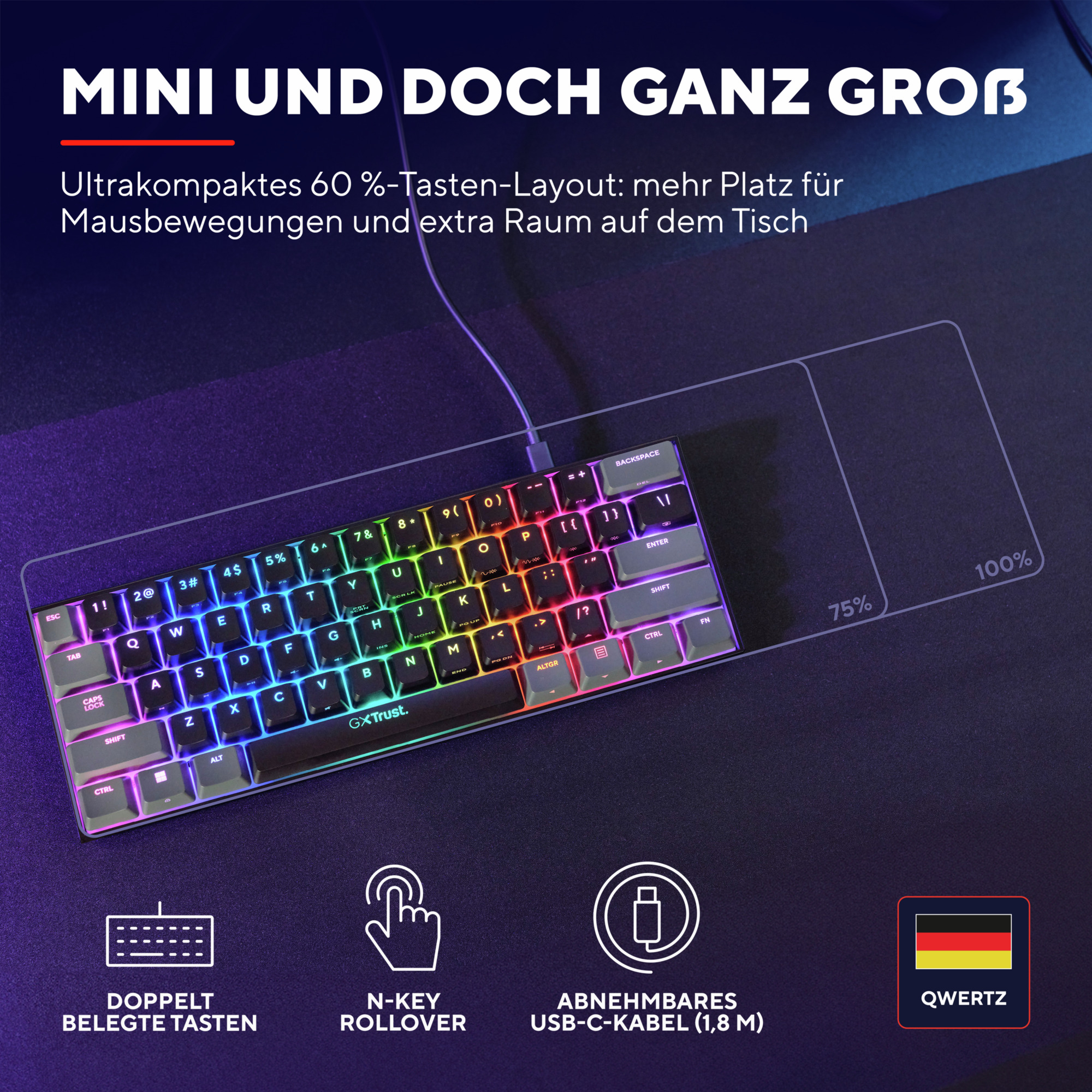 Kompaktowa klawiatura z podświetleniem RGB na podkładce pod mysz, z tekstem 'QWERTZ'.