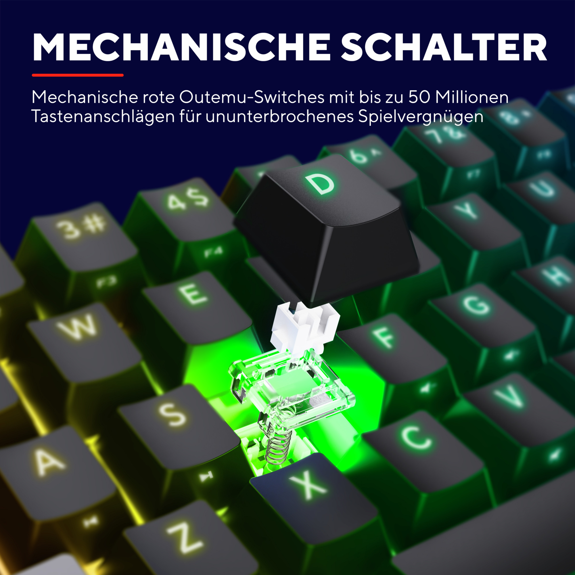 Zbliżenie na klawiaturę z usuniętym klawiszem, pokazujące przełącznik mechaniczny.