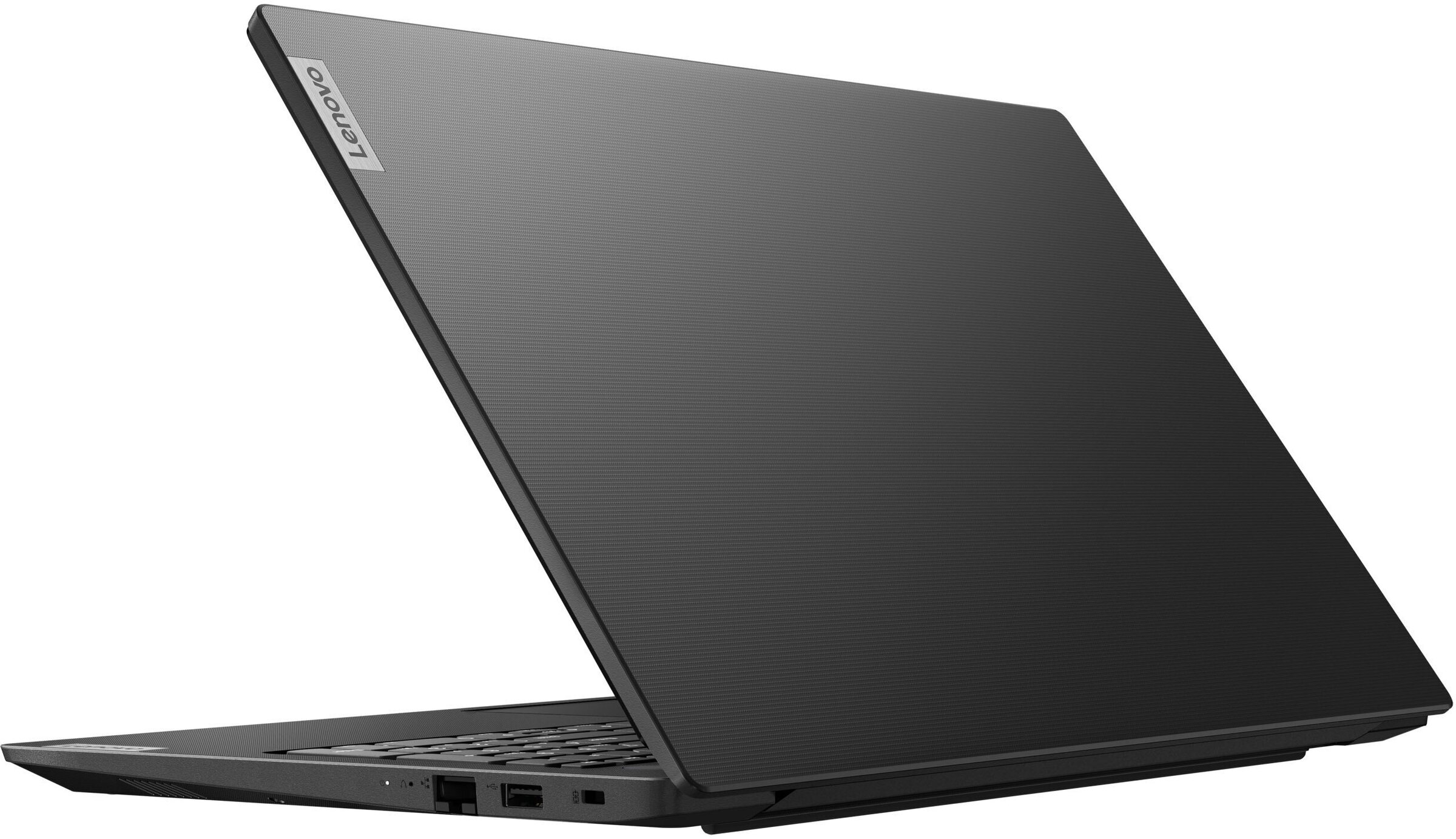 Laptop negro, ligeramente abierto, con logo Lenovo visible. Se muestra la parte trasera del portátil.