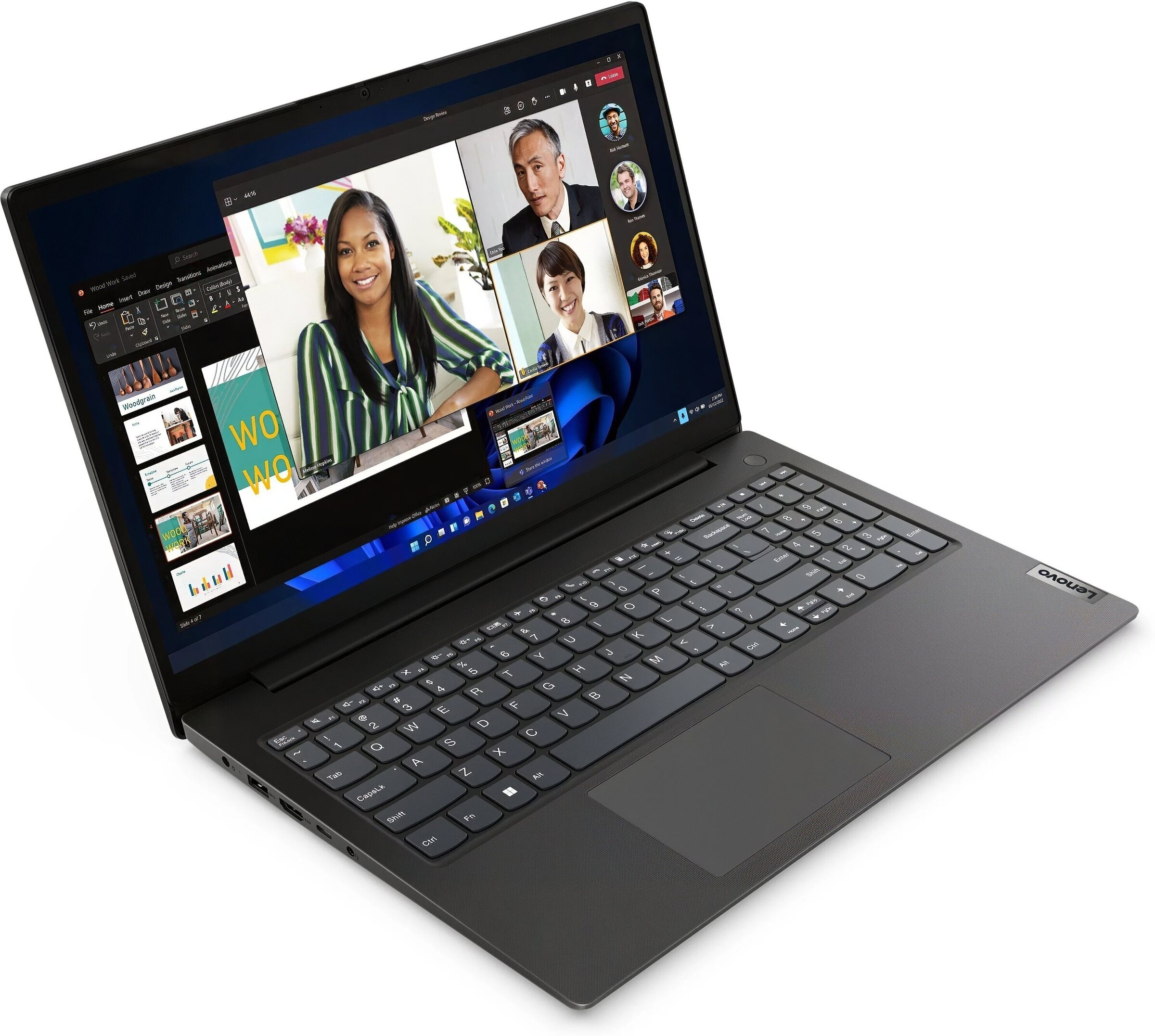 Portátil mostrando una videoconferencia con múltiples participantes. Una presentación también en pantalla.