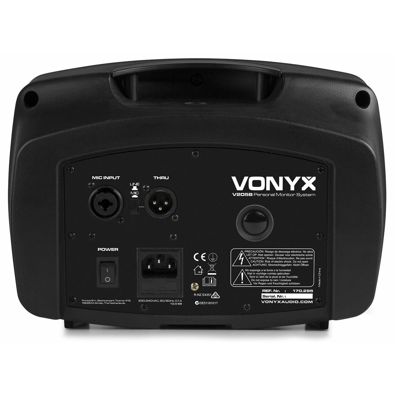 Zwarte Vonyx speaker achterkant, met inputs, aan/uit-schakelaar en tekst. Witte achtergrond.