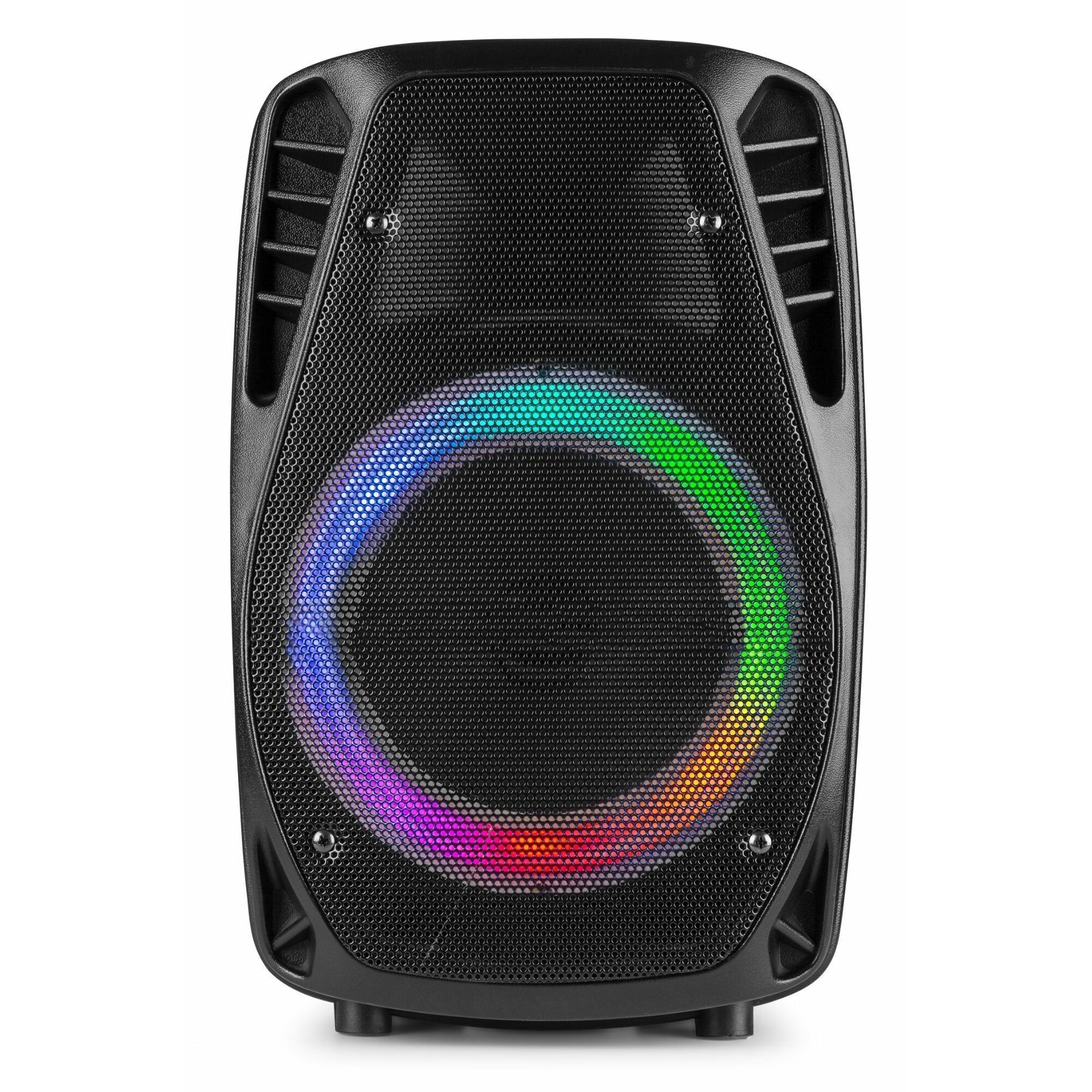 Zwarte speaker met een kleurrijke LED-ring. Het heeft ventilatieopeningen en een gaasfront.