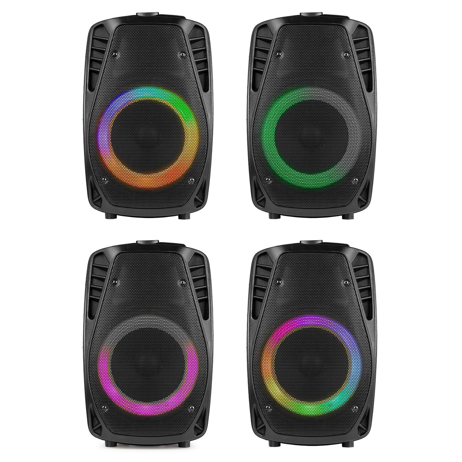 Vier zwarte luidsprekers met kleurrijke verlichte ringen. Elke luidspreker heeft een centraal gaas.