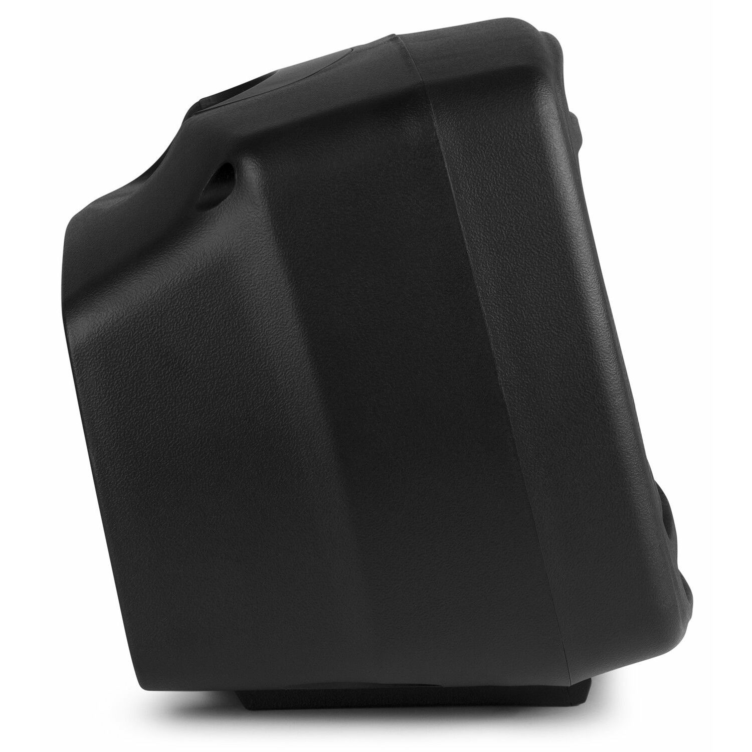 Zwarte speaker, zijaanzicht. De speaker heeft een getextureerd oppervlak.