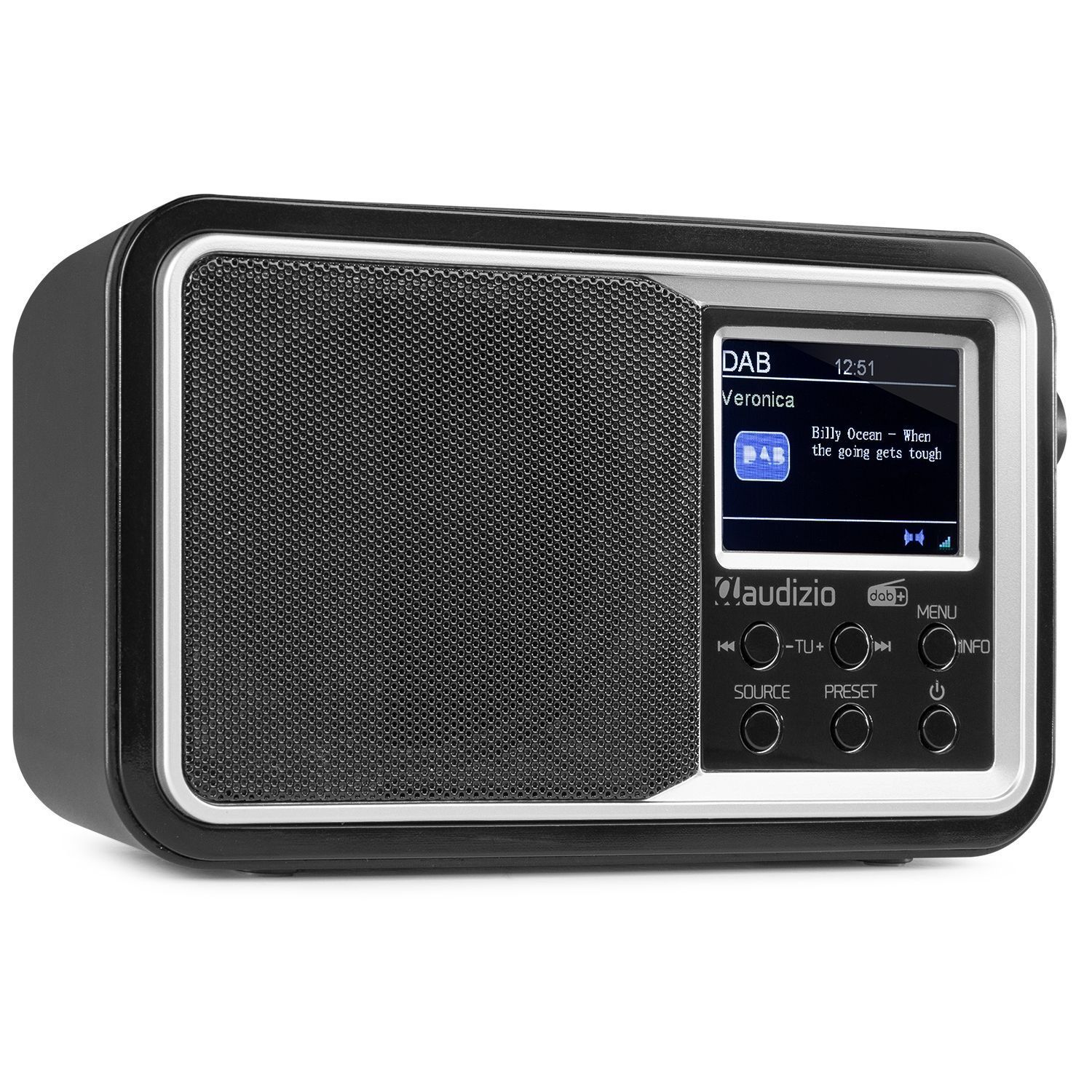 Schwarzes und silbernes DAB-Radio mit Farbbildschirm. Anzeige zeigt Stationsinfo.