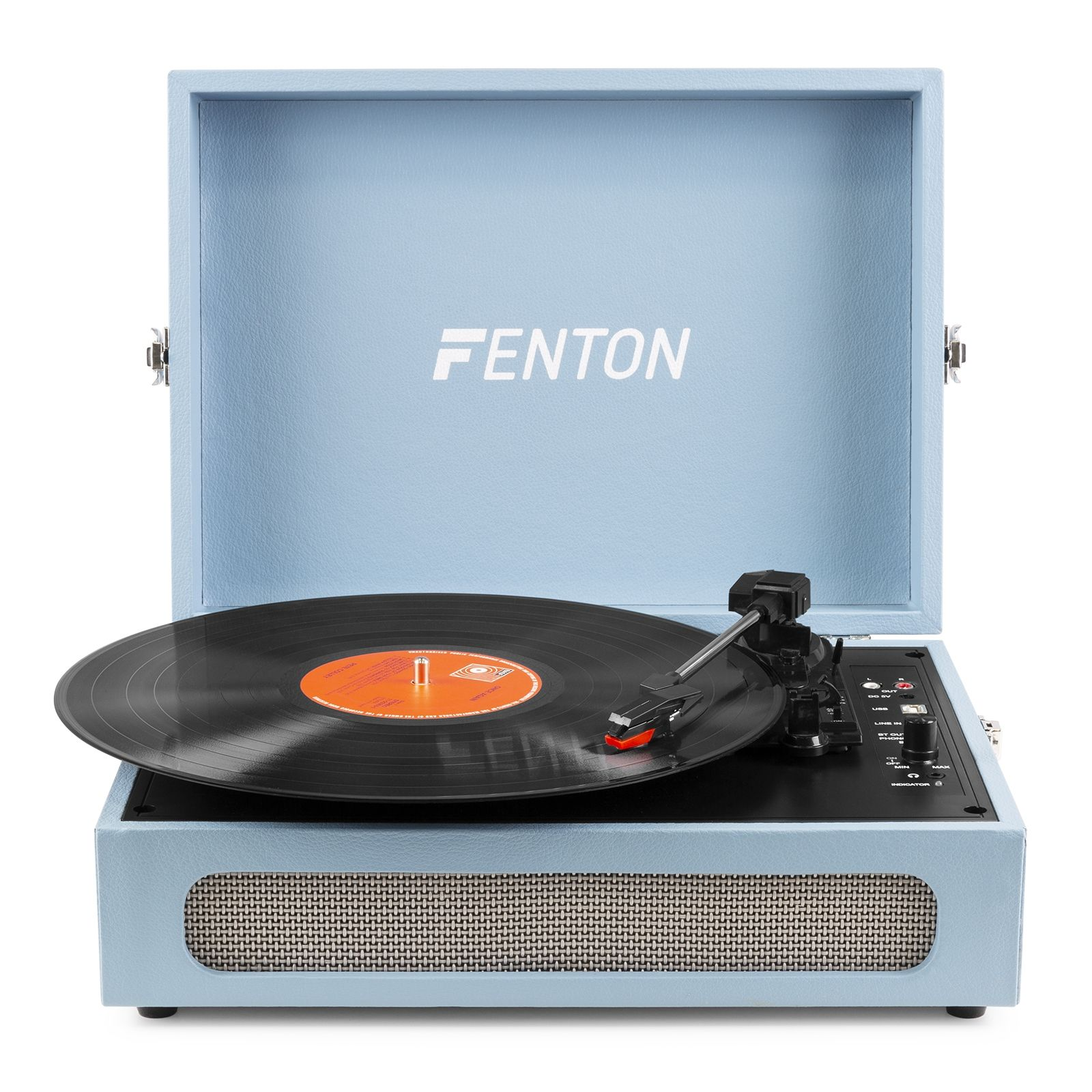 Tocadiscos azul claro con disco vinilo negro. La marca FENTON es visible.