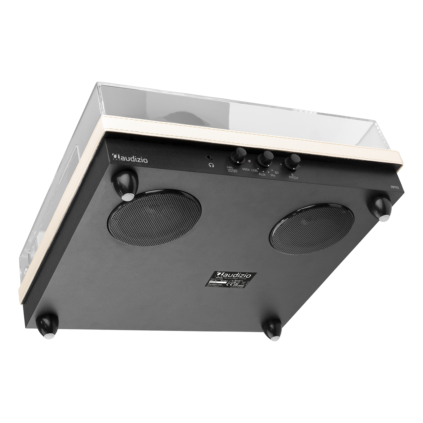 A turntable with a transparent cover, black base, and two speakers.