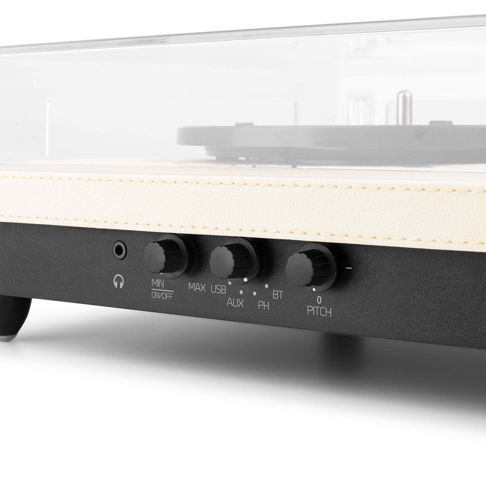 A close-up of a turntable's control panel. Knobs and indicators are visible. The background is white.