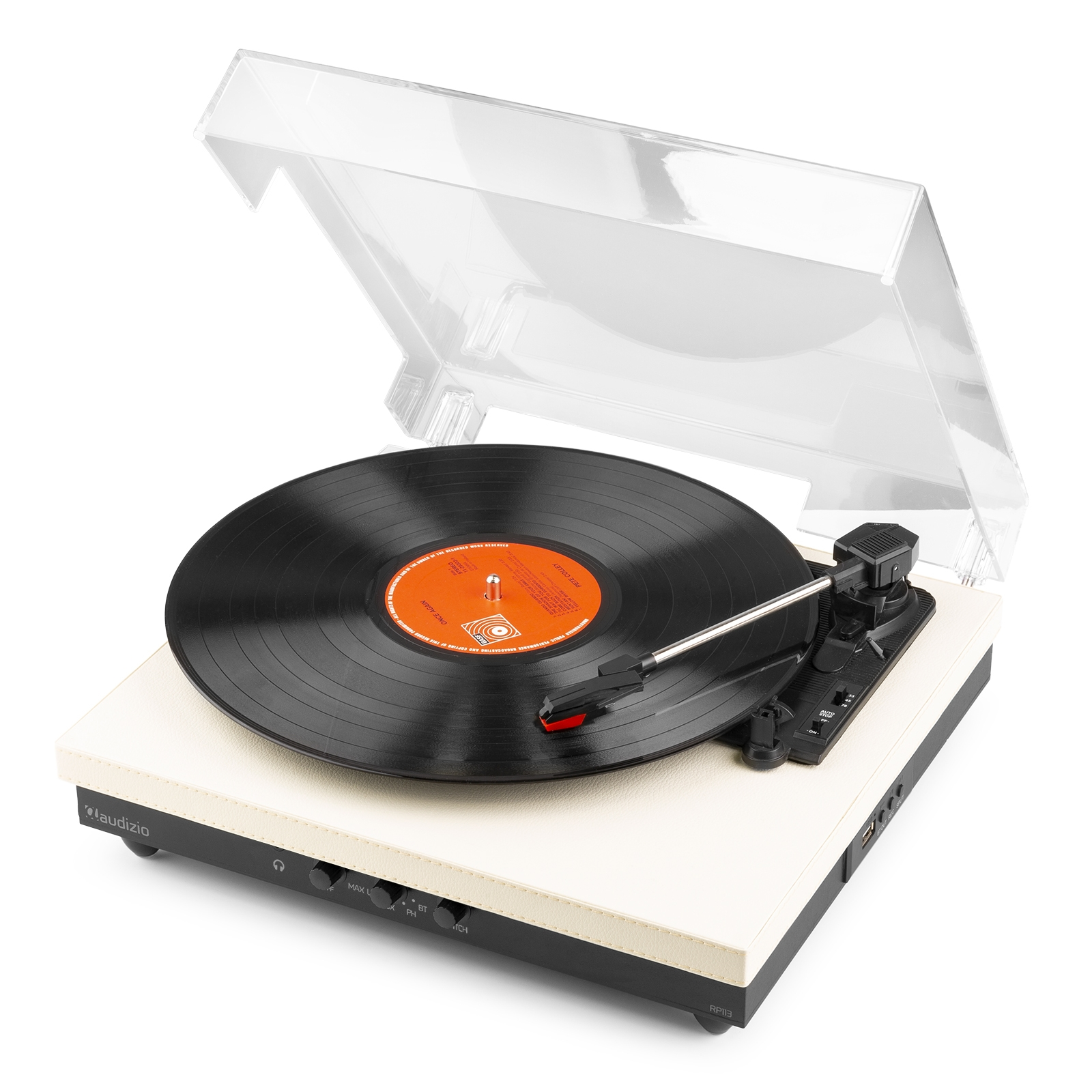 Turntable with a black vinyl record, a clear cover, and a cream-colored base, white background.
