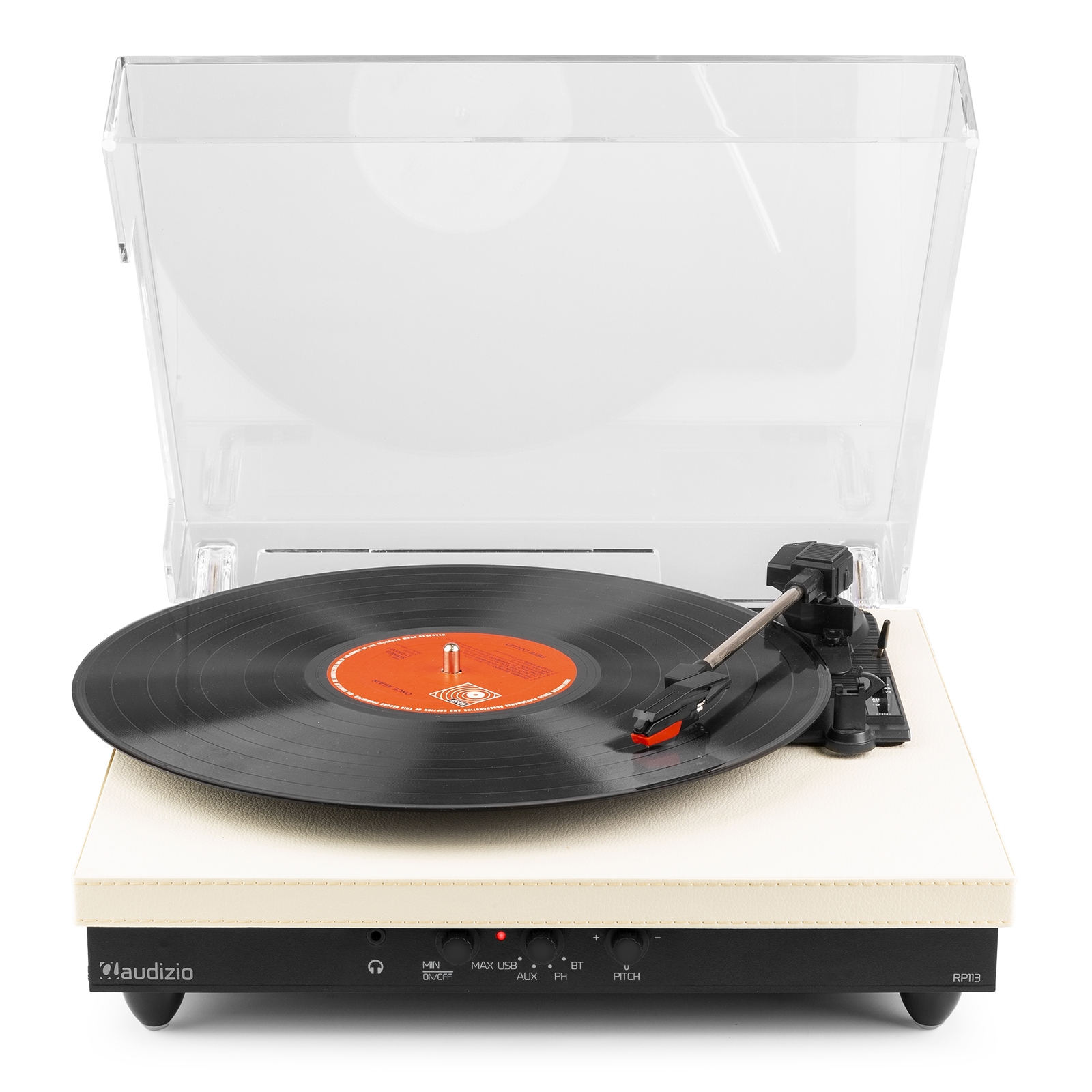 A turntable playing a record, with a clear cover, on a cream-colored base.