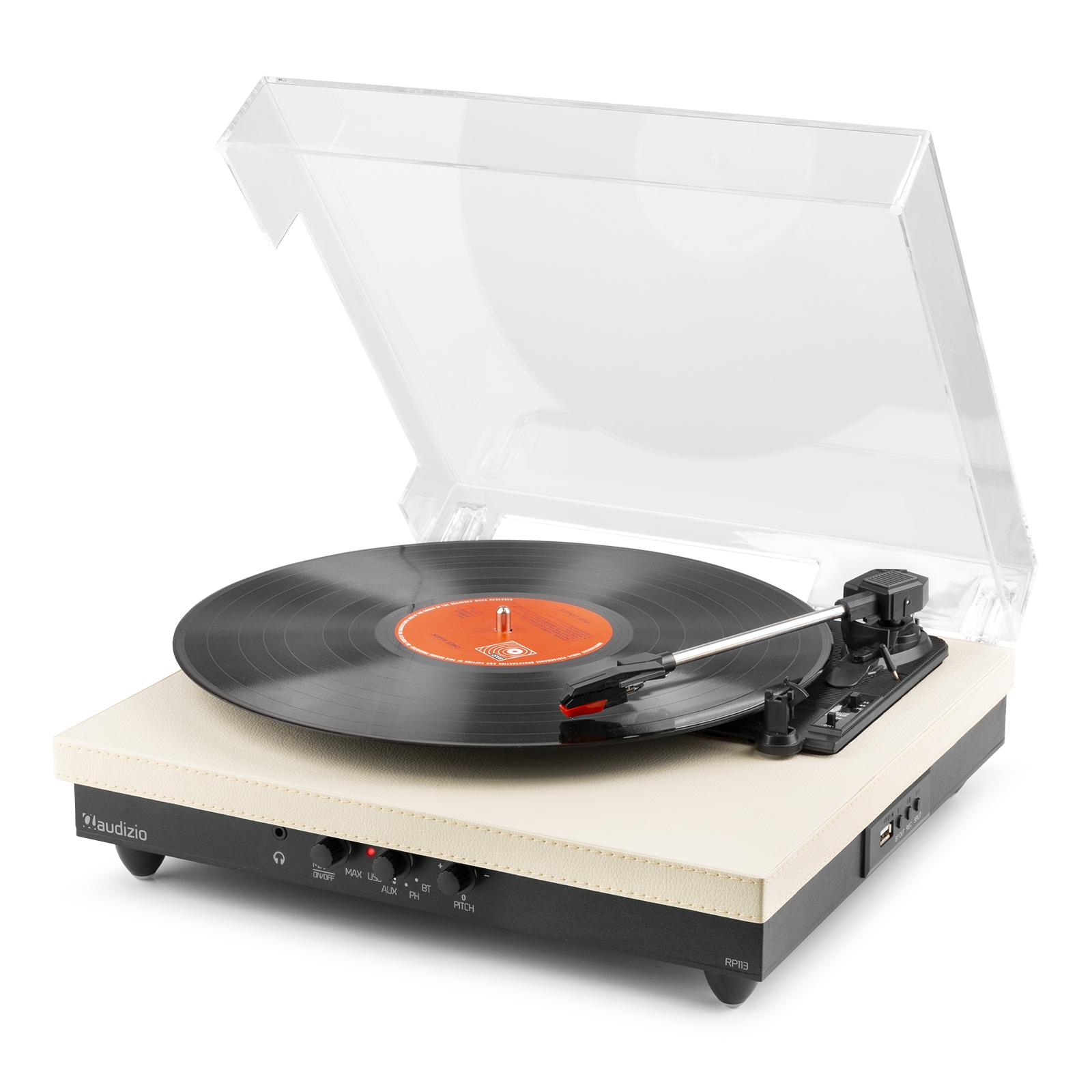 A turntable with a clear cover, a black record, and a white base.