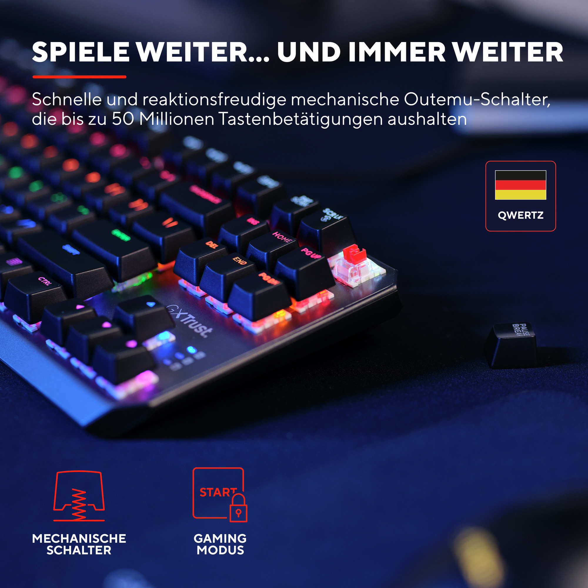 Una tastiera con luci colorate e layout QWERTZ tedesco.