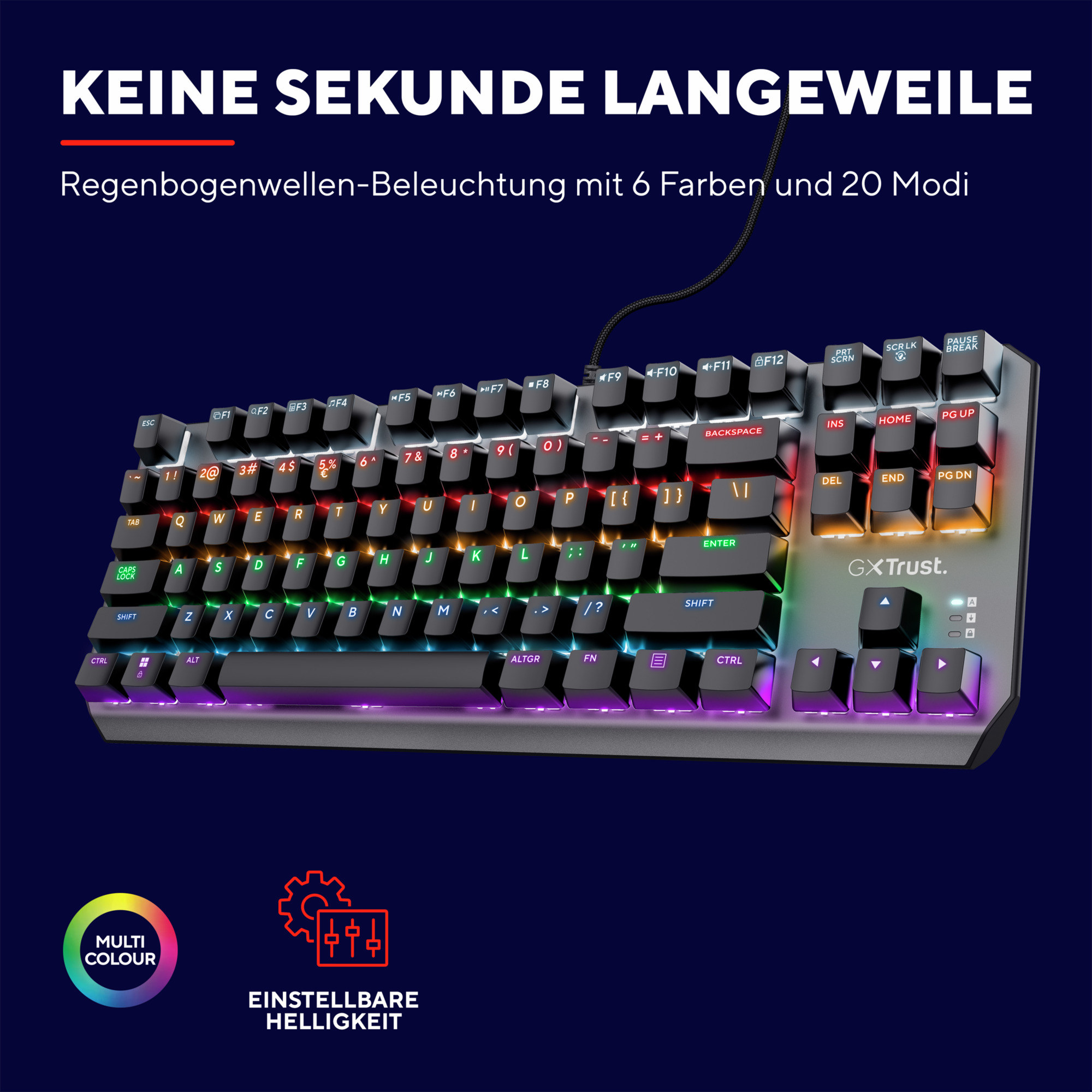 Tastiera illuminata con tasti arcobaleno, impostazioni e branding, su sfondo scuro.