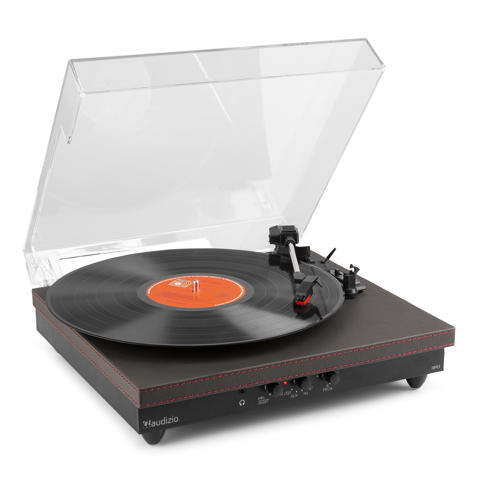 A turntable with a black vinyl record and a transparent cover.