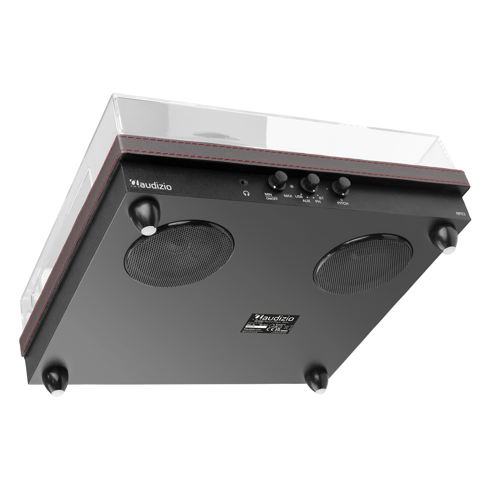 A black turntable with a clear cover, red stitching, and silver feet. The bottom has speakers and buttons.