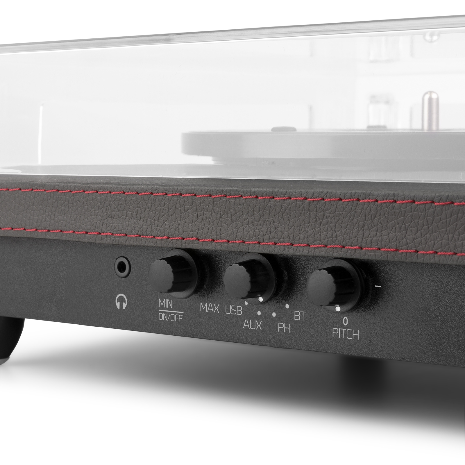 Close-up of a turntable's control panel with buttons and a transparent cover.