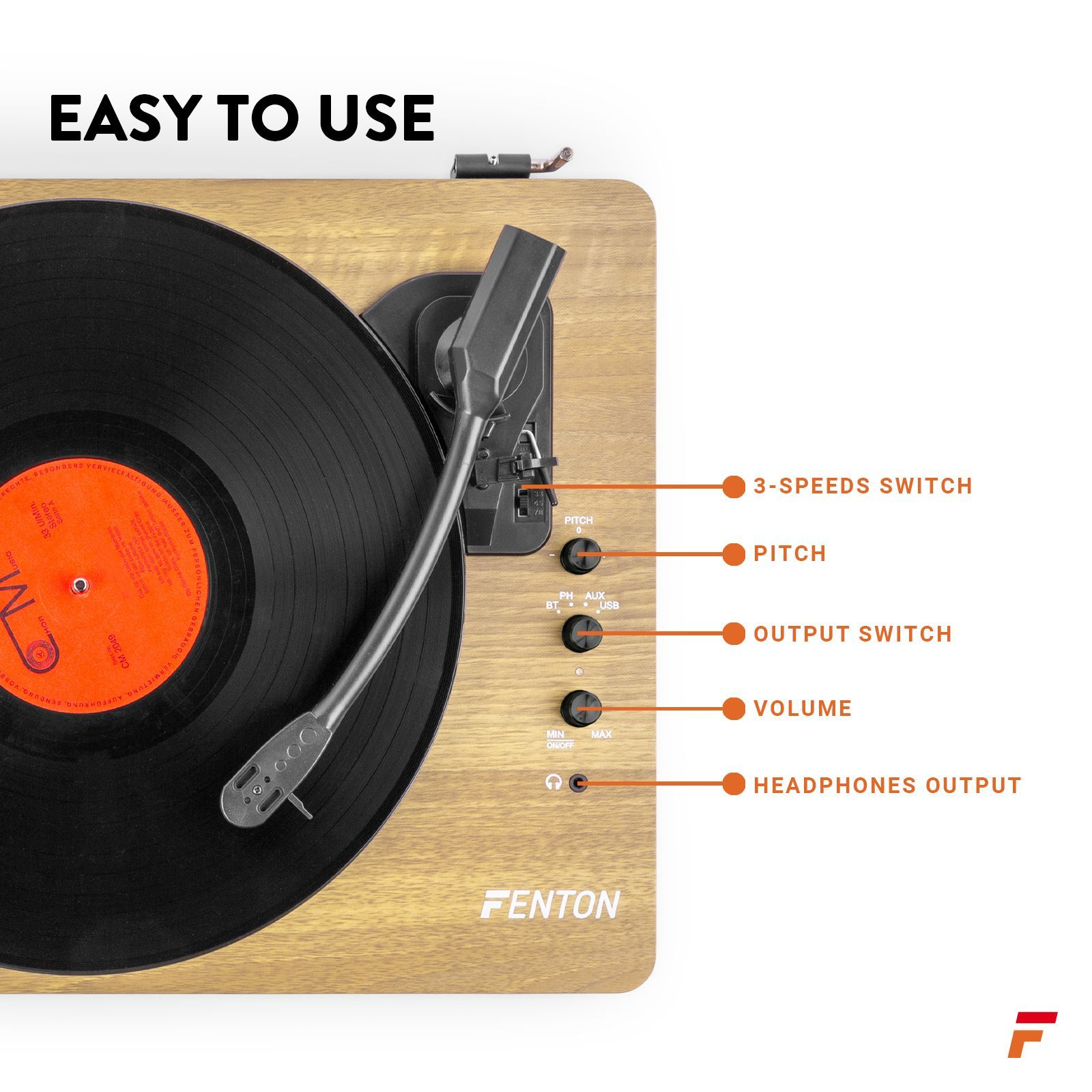 VIFLYKOO Bluetooth turntable with 2 stereo speakers, wireless 3 speed 33/45/78rpm, retro supports USB/AUX input/RCA output/headphone jack