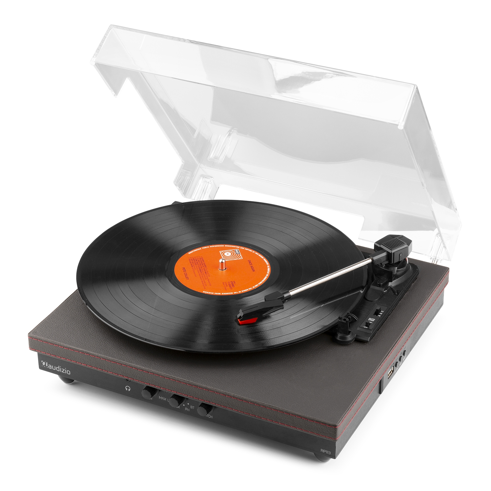 A turntable with a black vinyl record playing. The turntable is dark gray with red accents.