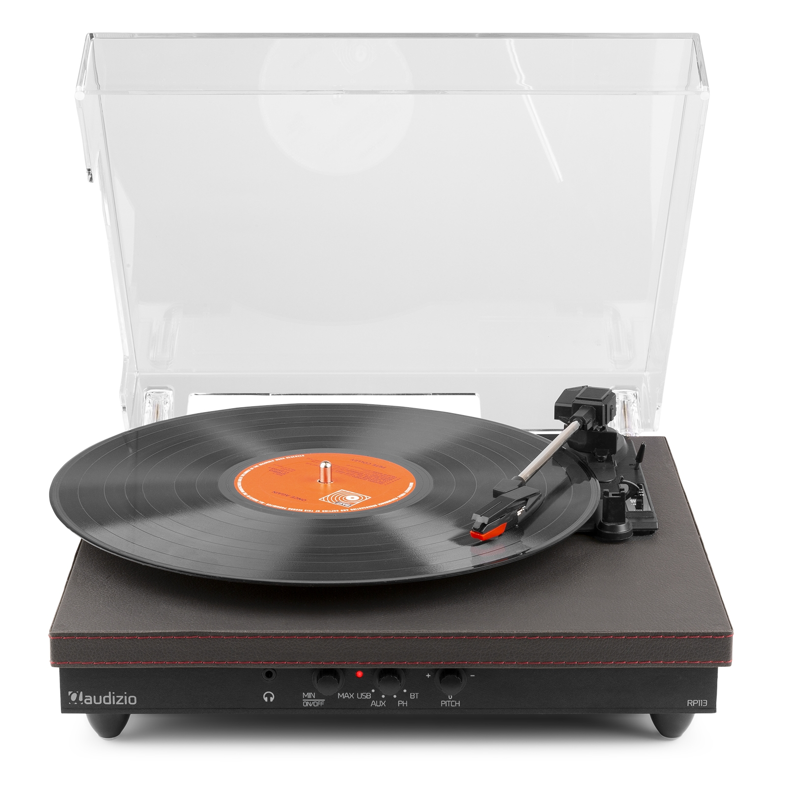 Turntable with a clear cover, a record, and a red-tipped needle. The base is dark brown.