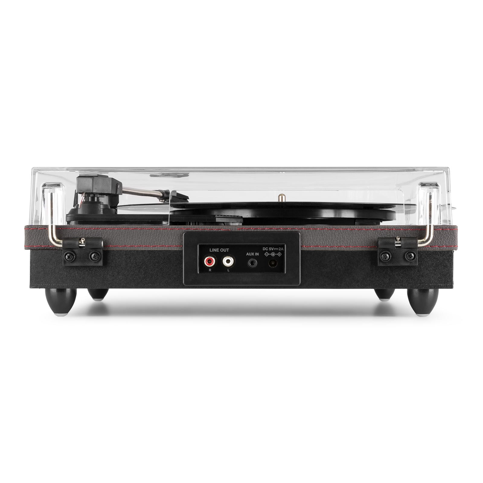 A turntable, black and brown, viewed from the back. Has line out and aux ports.