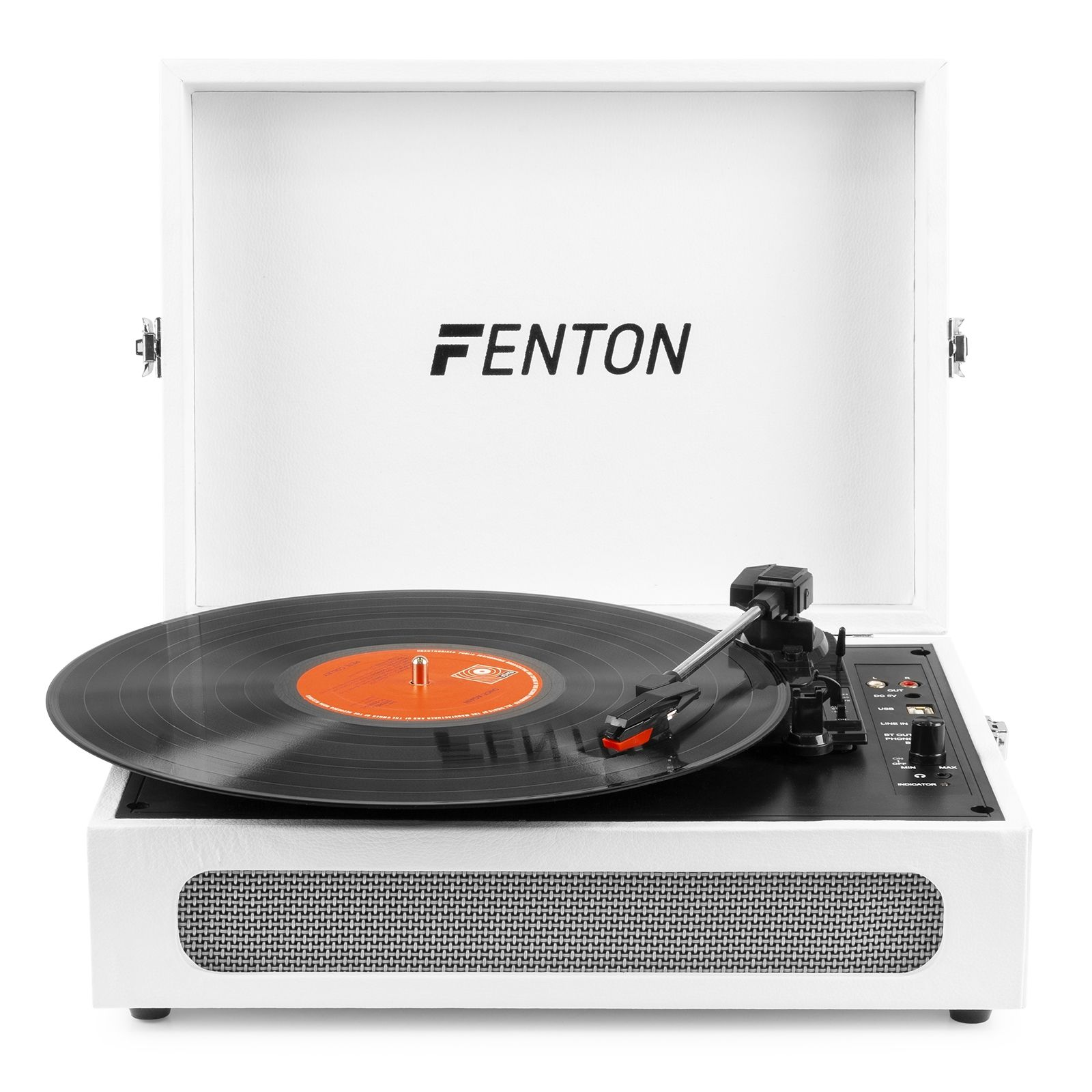 A white vintage record player with a black vinyl record on it. The brand name is FENTON.