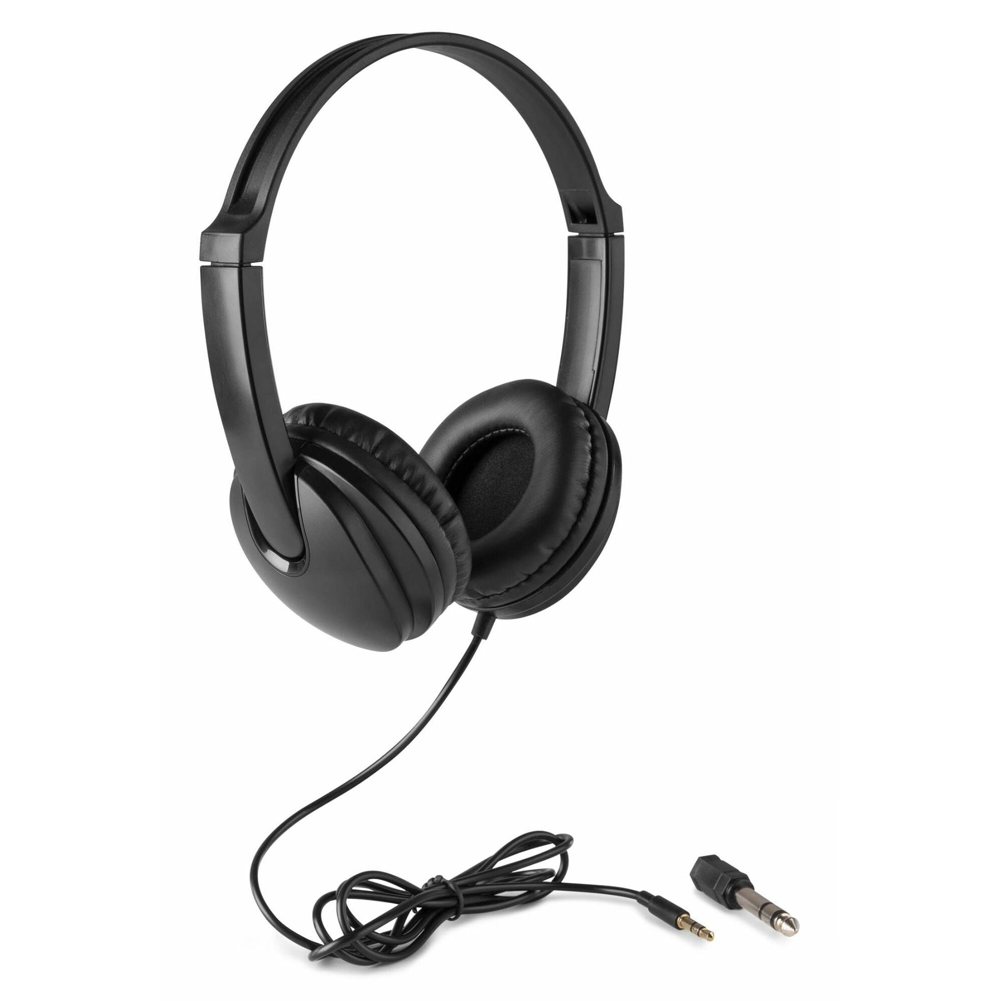 Zwarte koptelefoon met aangesloten kabel en 3,5 mm-aansluiting en adapter.