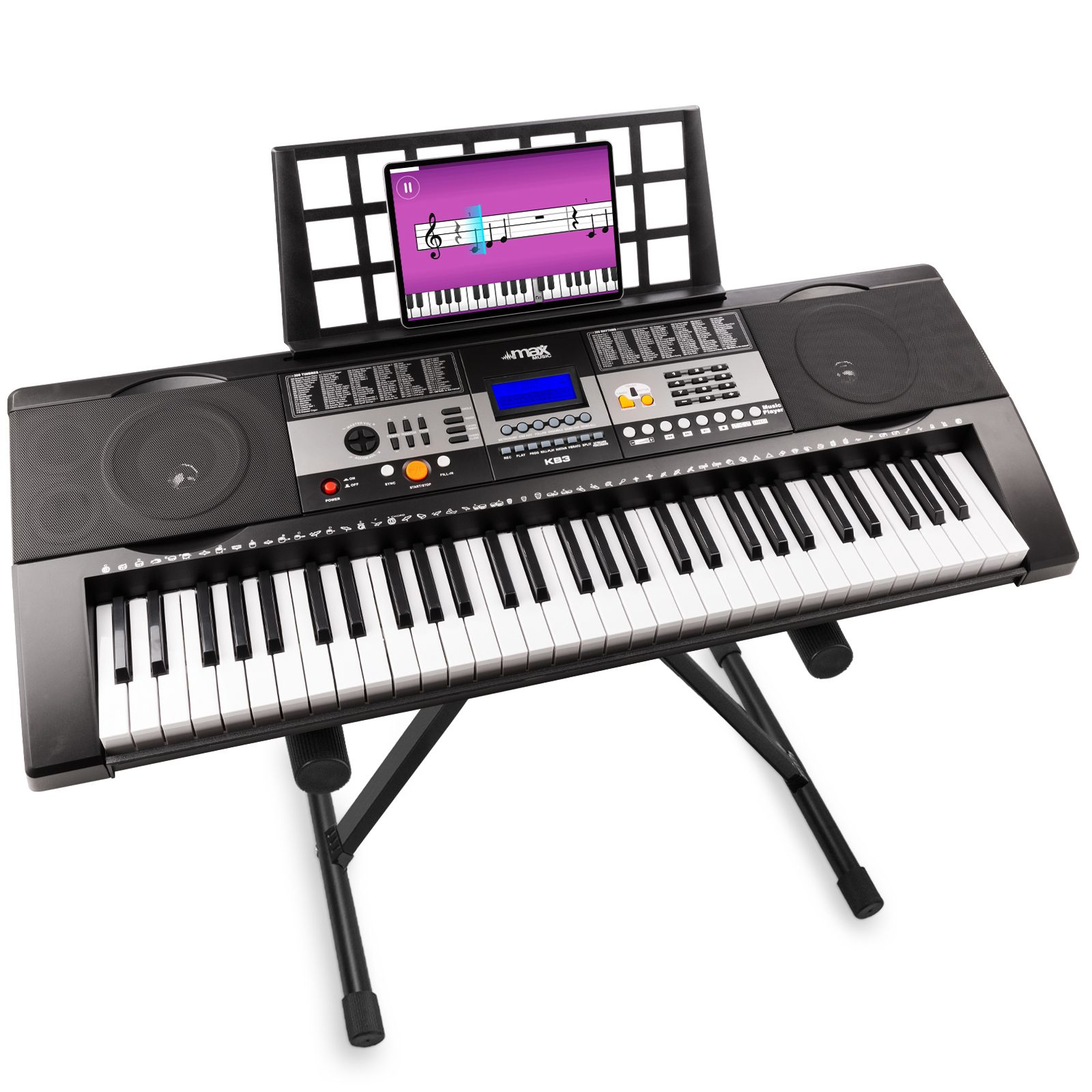 Een zwart elektronisch keyboard met witte toetsen en een tablet met bladmuziek.