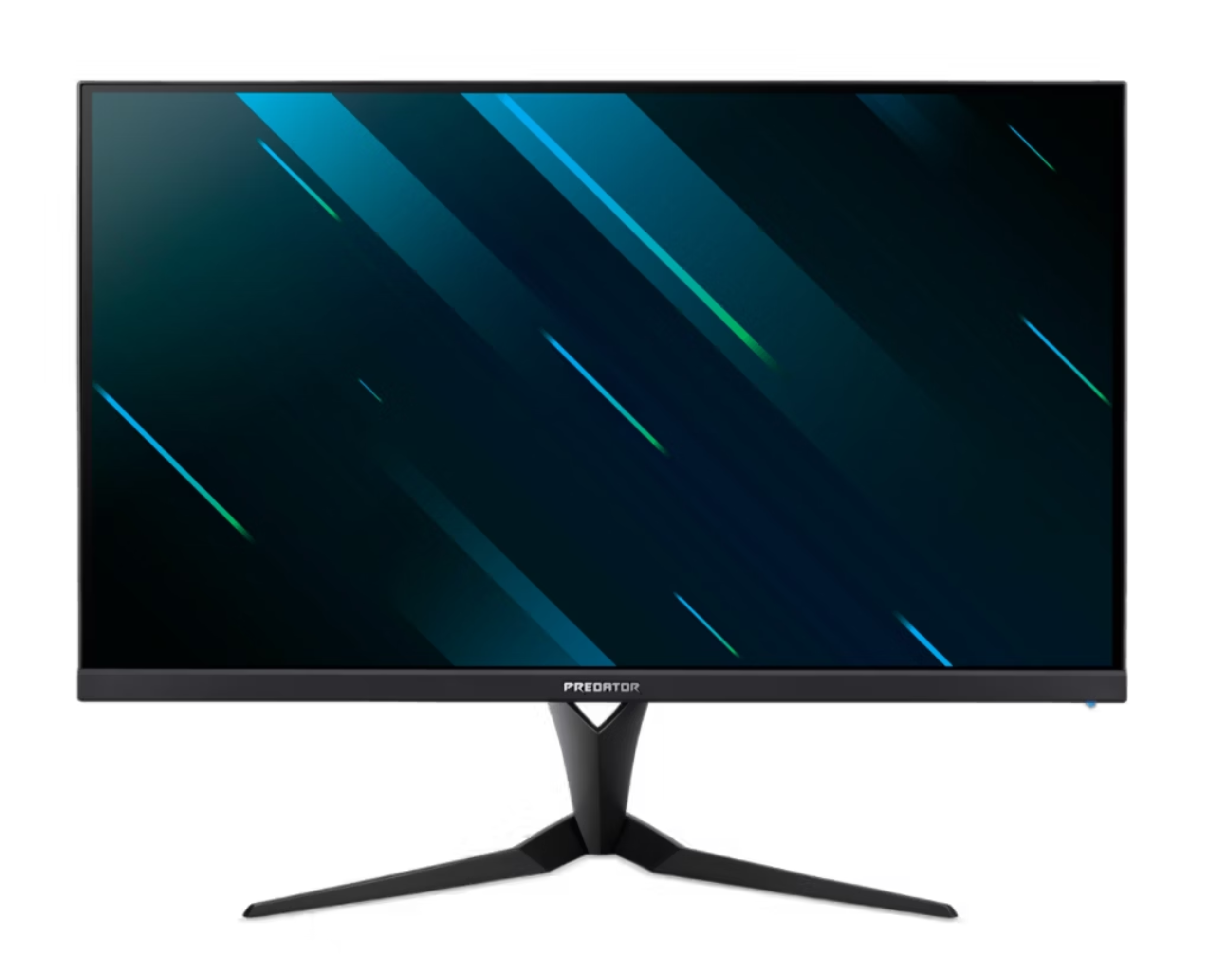 Un monitor Predator, con cornice e supporto neri, che mostra un motivo blu scuro e verde.