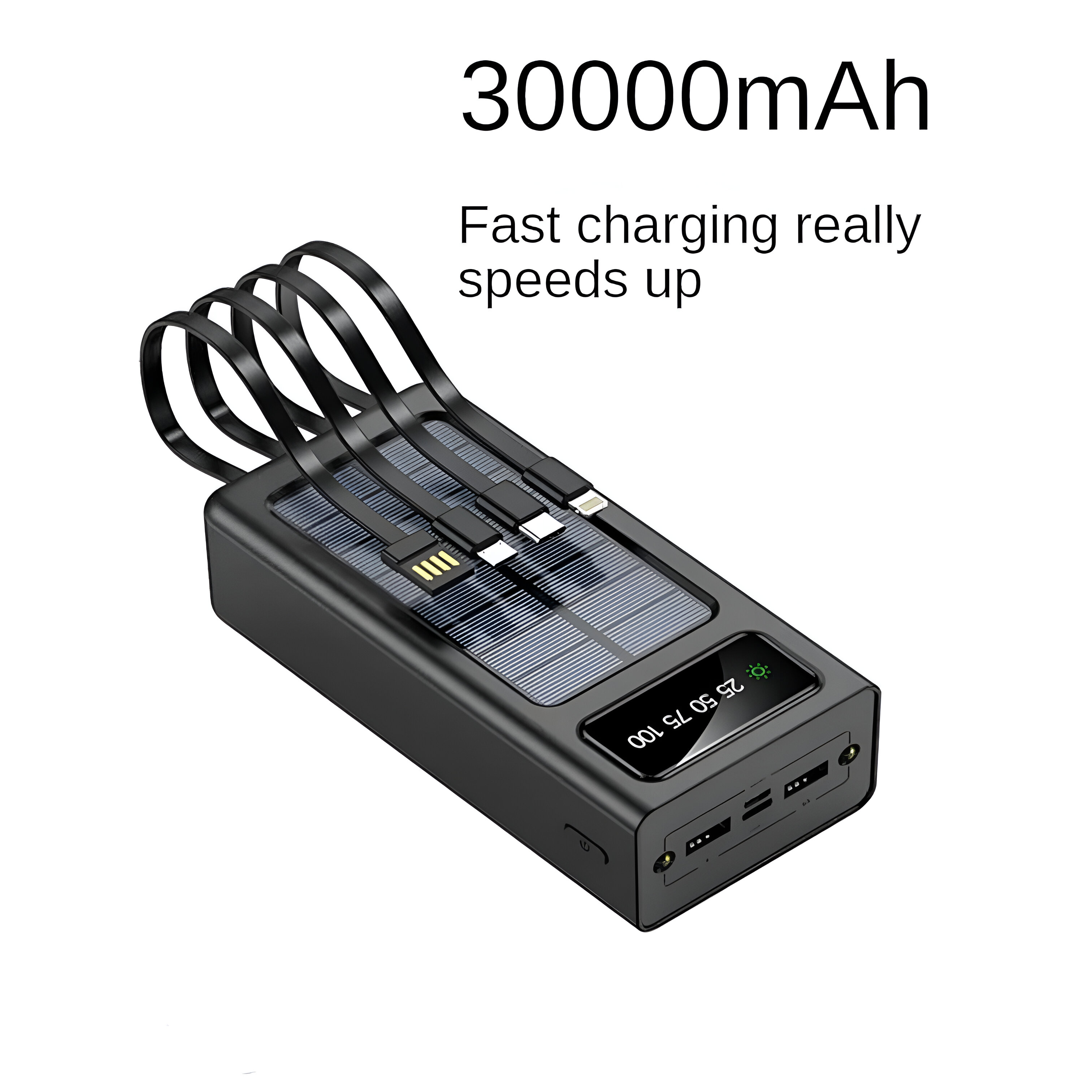 Batería externa negra con panel solar, mostrando estado de carga y puertos USB, fondo blanco.
