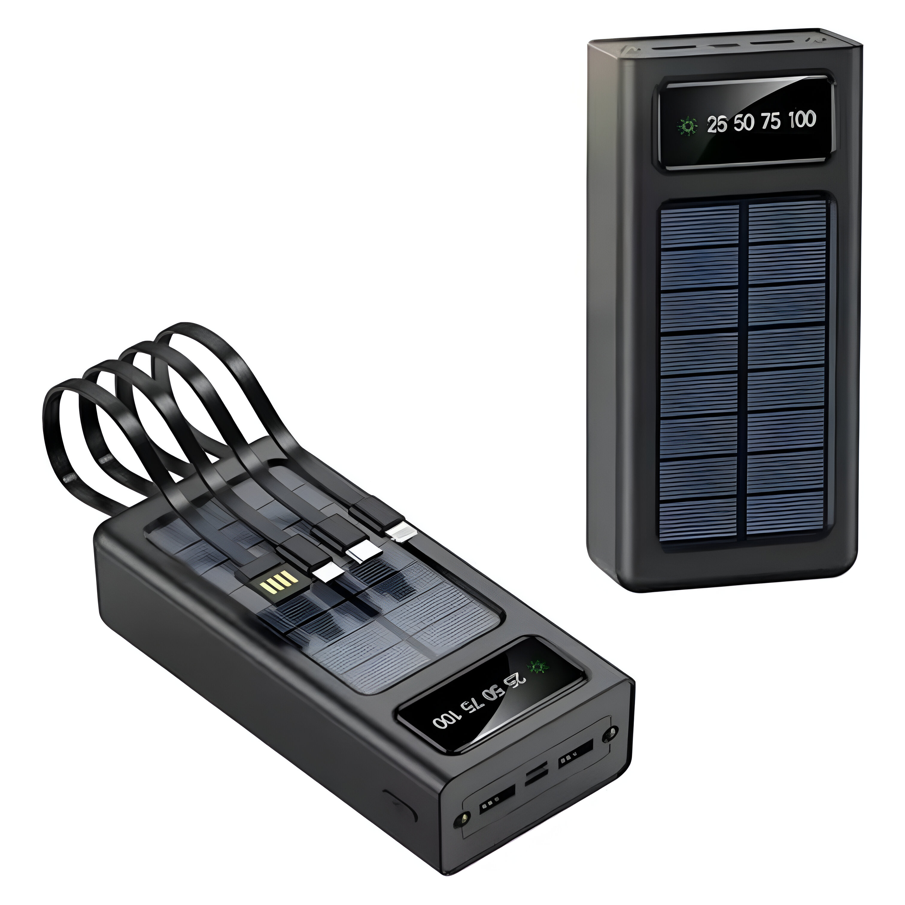 Un banco de energía solar negro. Tiene múltiples cables de carga y una pantalla que muestra los niveles de energía. Fondo blanco.
