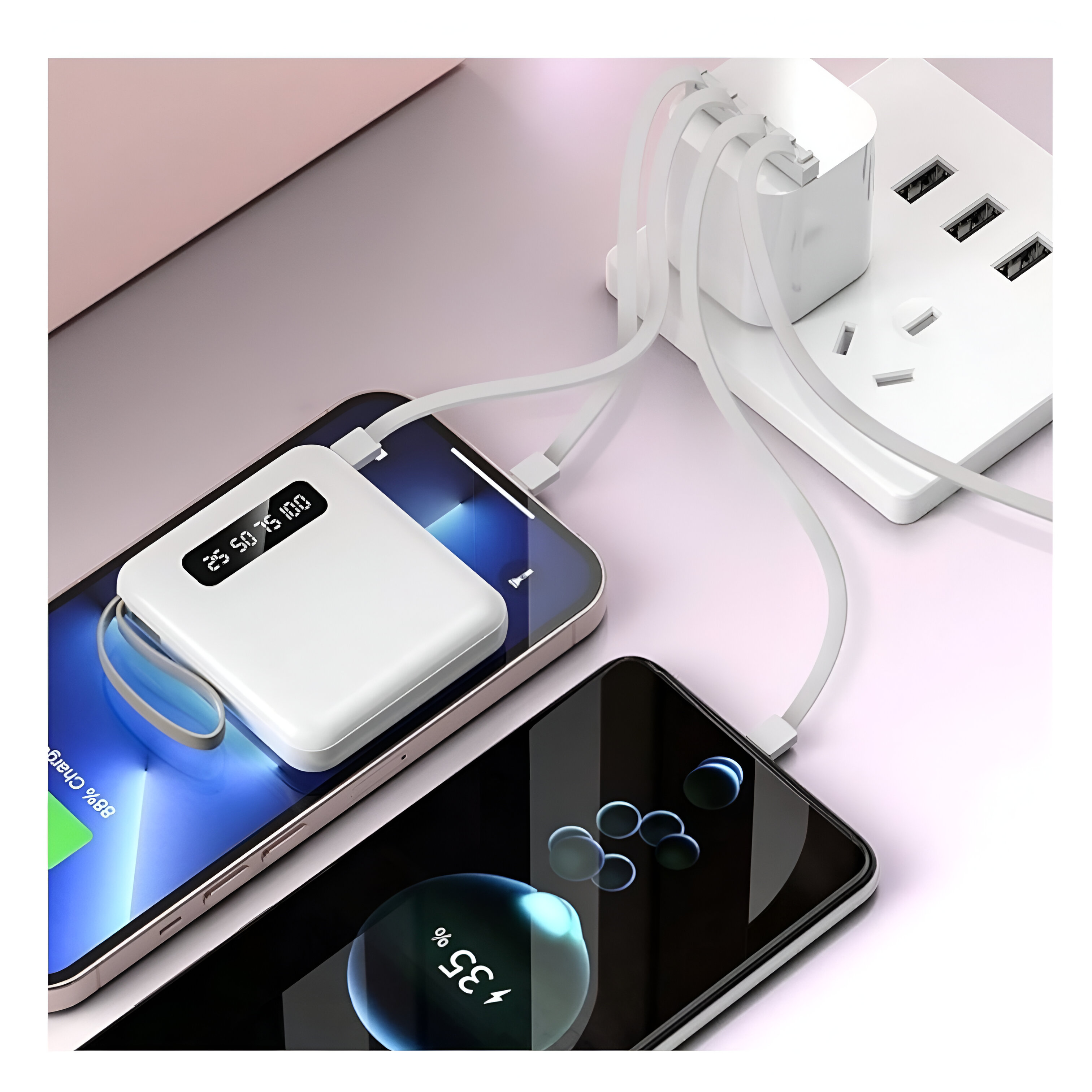 Teléfono inteligente cargando dos power banks a la vez, con porcentajes visibles.
