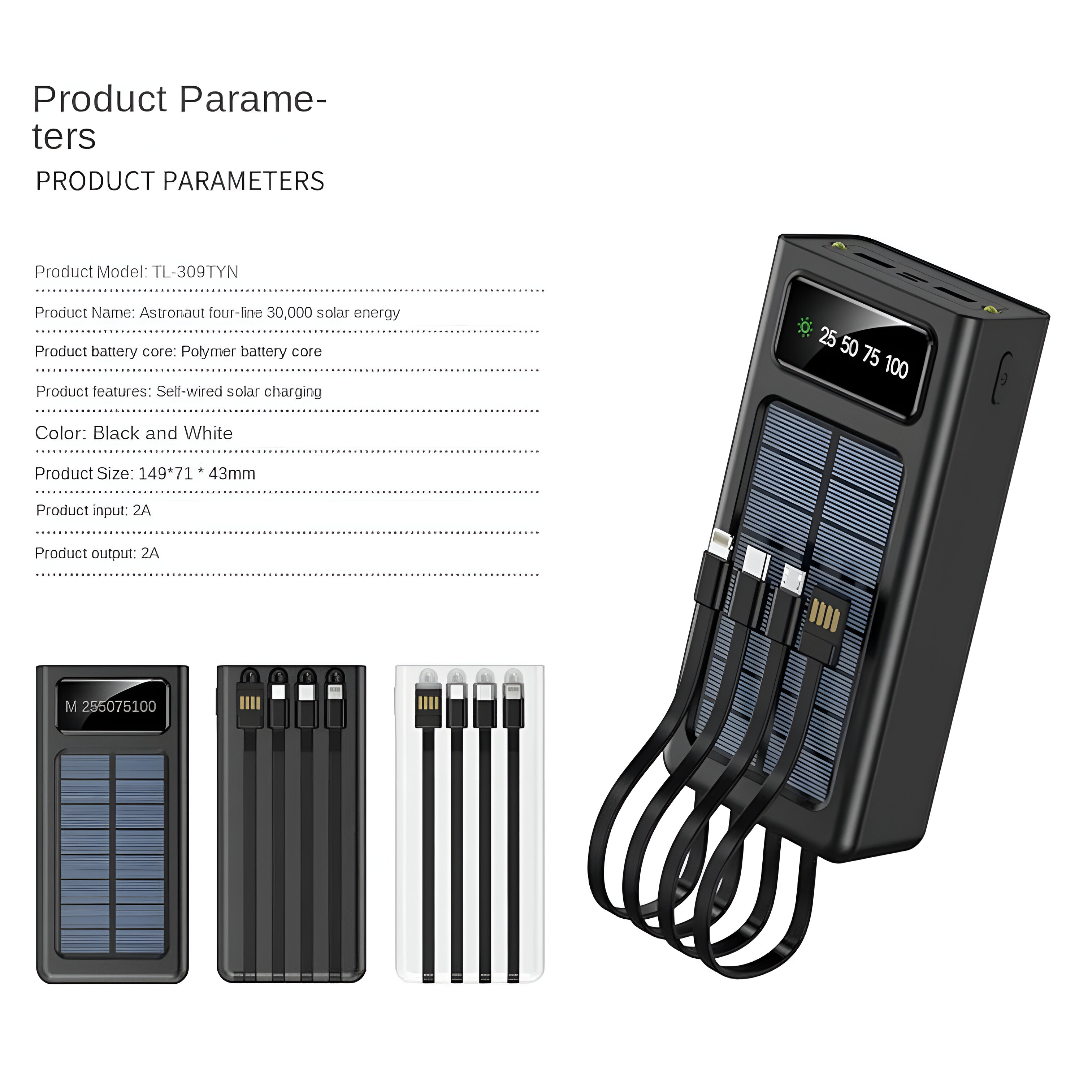 Banco de energía blanco y negro con paneles solares, cables y detalles del producto sobre un fondo blanco.