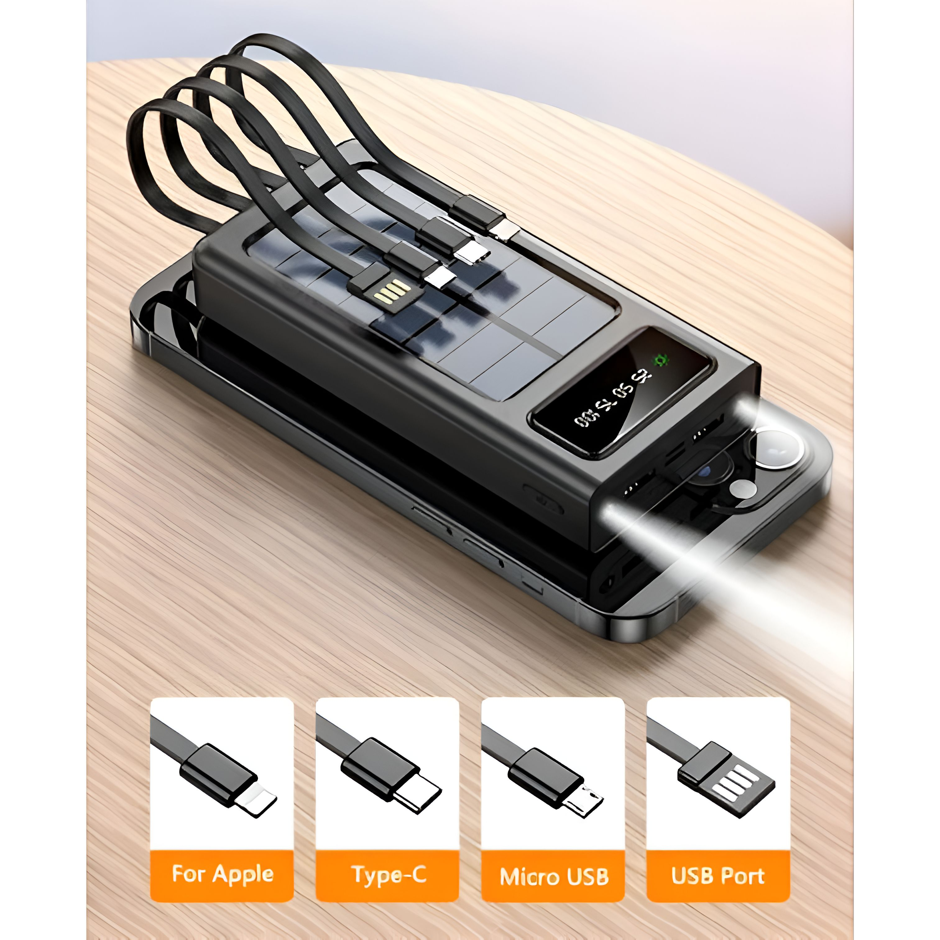 Cargador solar negro con múltiples cables de carga y un smartphone. Se muestran puertos USB.