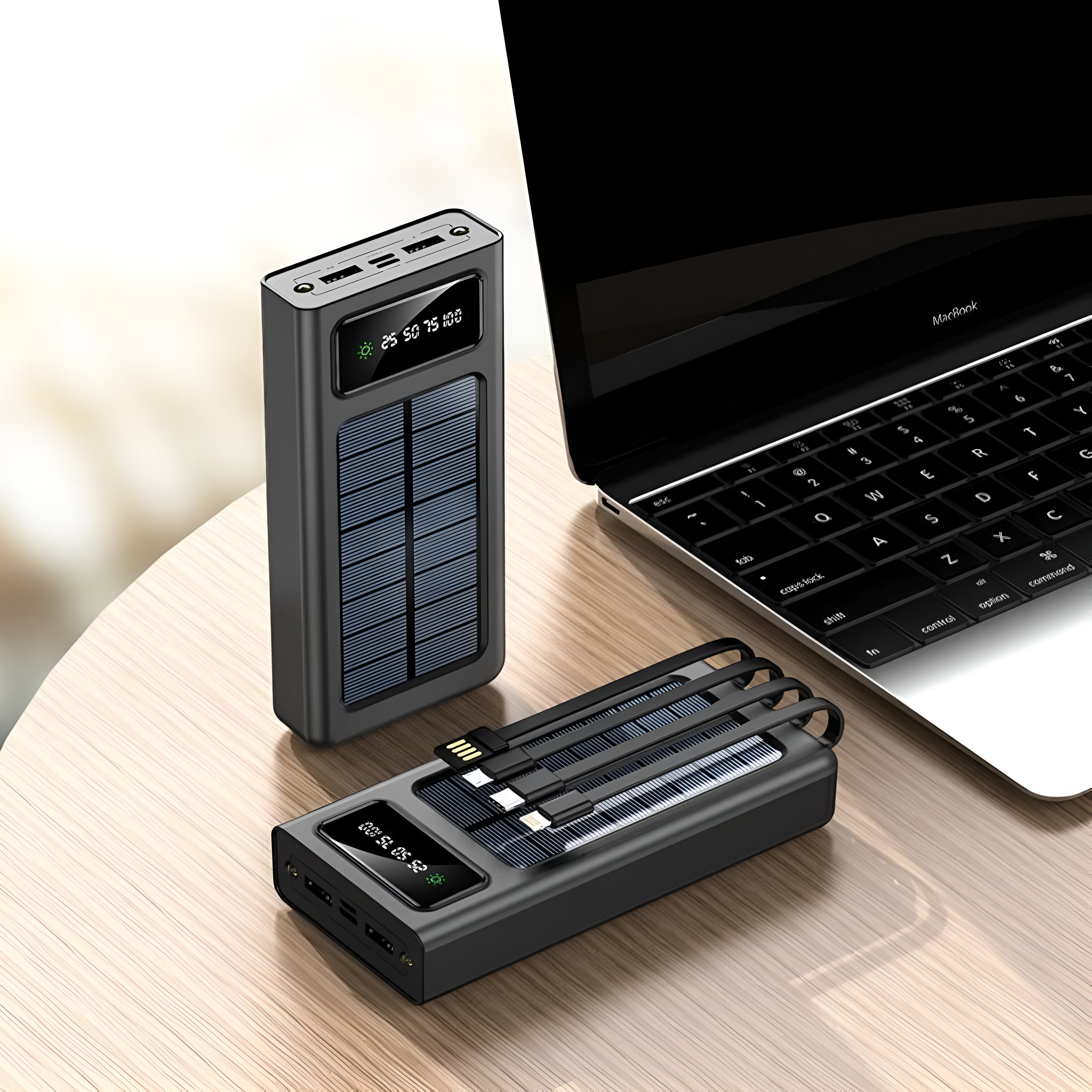 Un banco de energía solar negro y plateado con paneles solares y una pantalla, junto a una laptop.