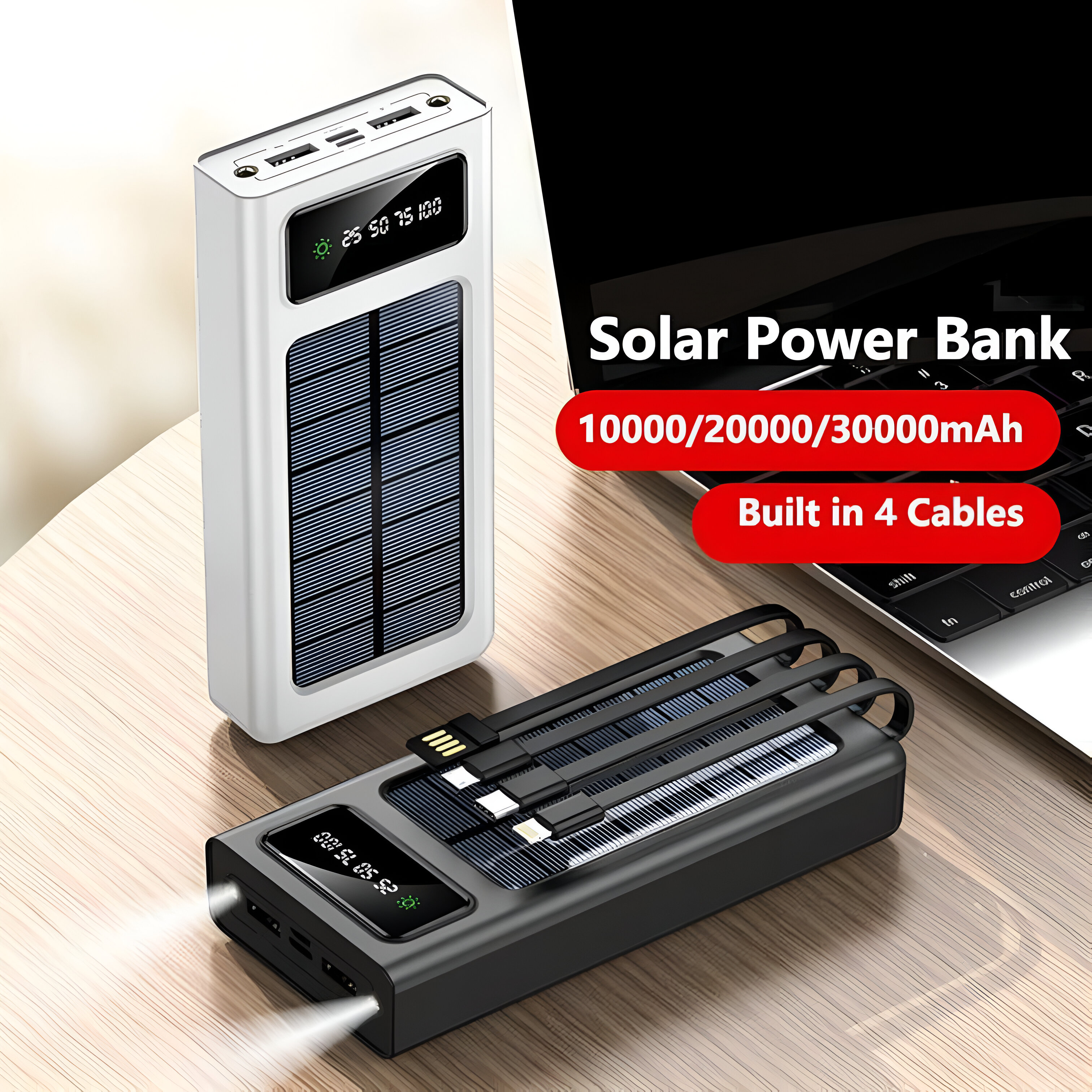 Banco de energía blanco y negro con panel solar y múltiples cables de carga en un escritorio.