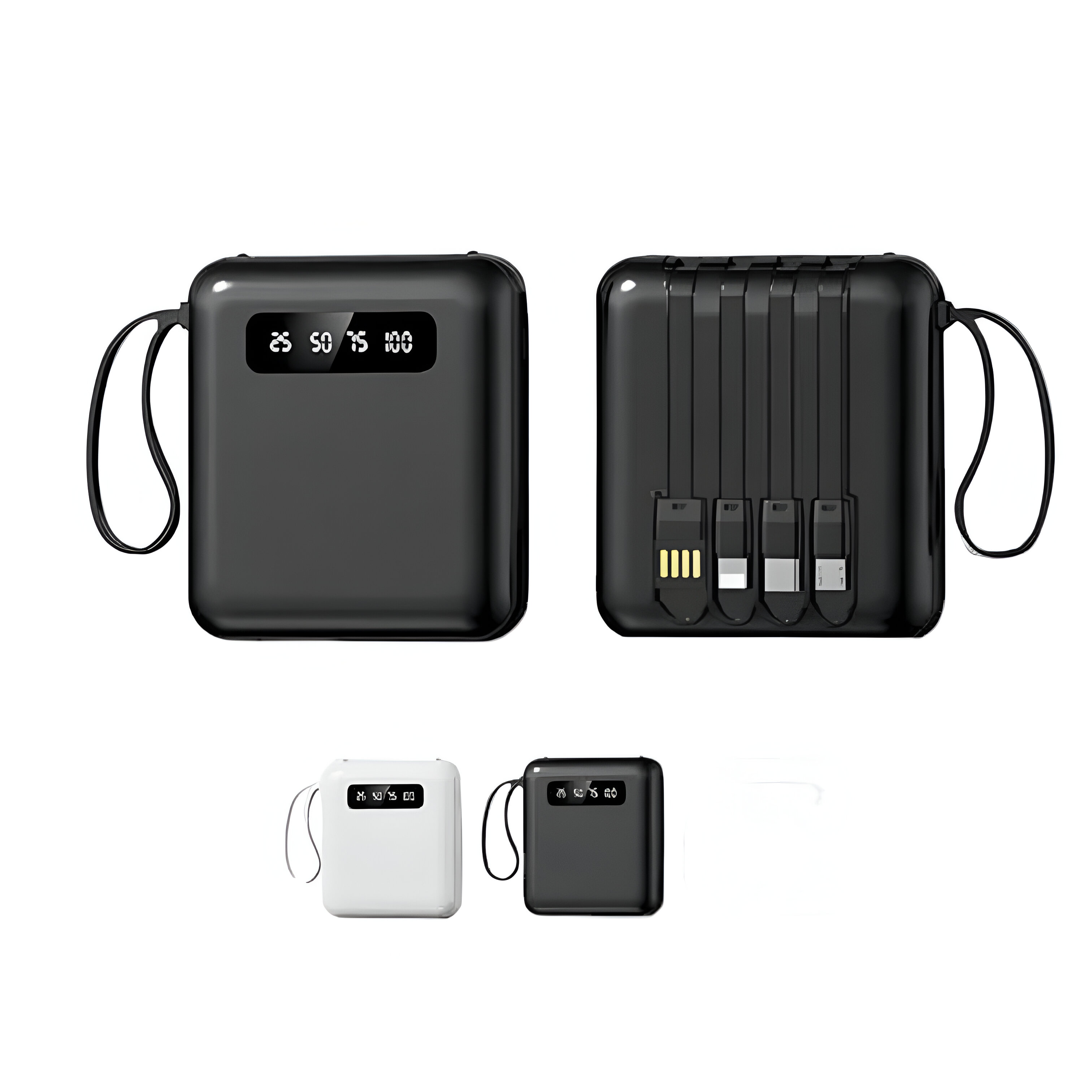 Batería externa negra y blanca con cables USB. Pantalla muestra nivel.