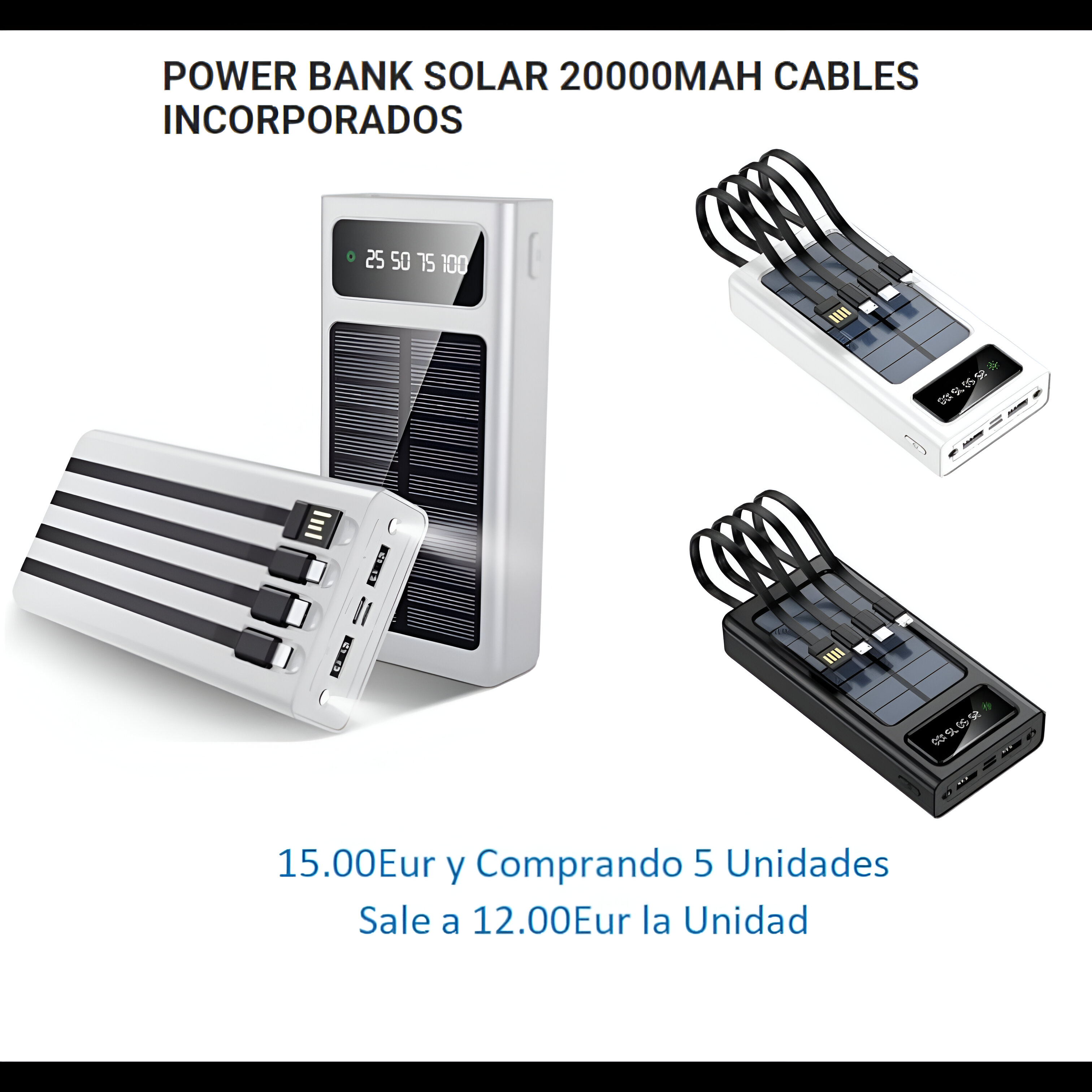 Bancos de energía solar blancos y negros con cables integrados. Texto: Power Bank Solar 20000mAh Cables Incorporados.