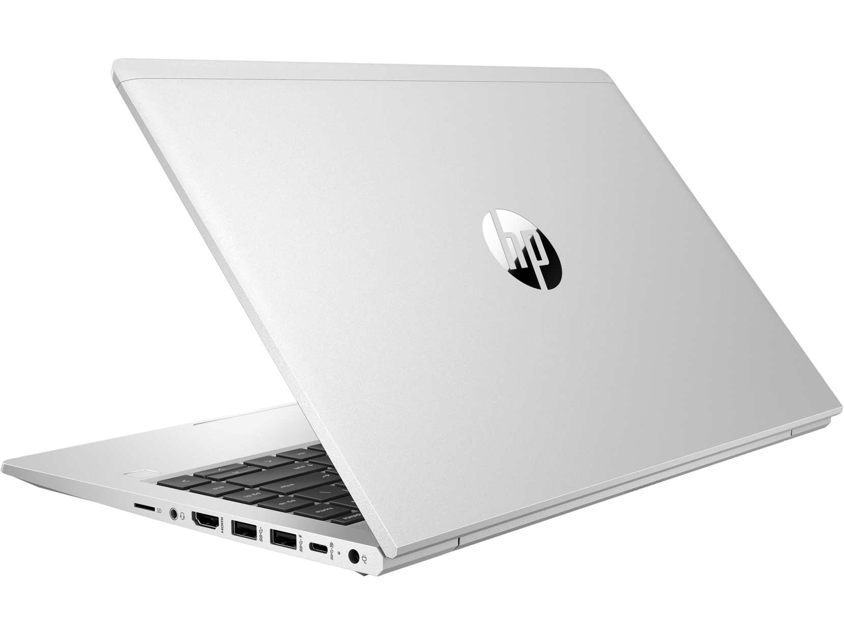 Silver laptop, open, with HP logo visible. White background.