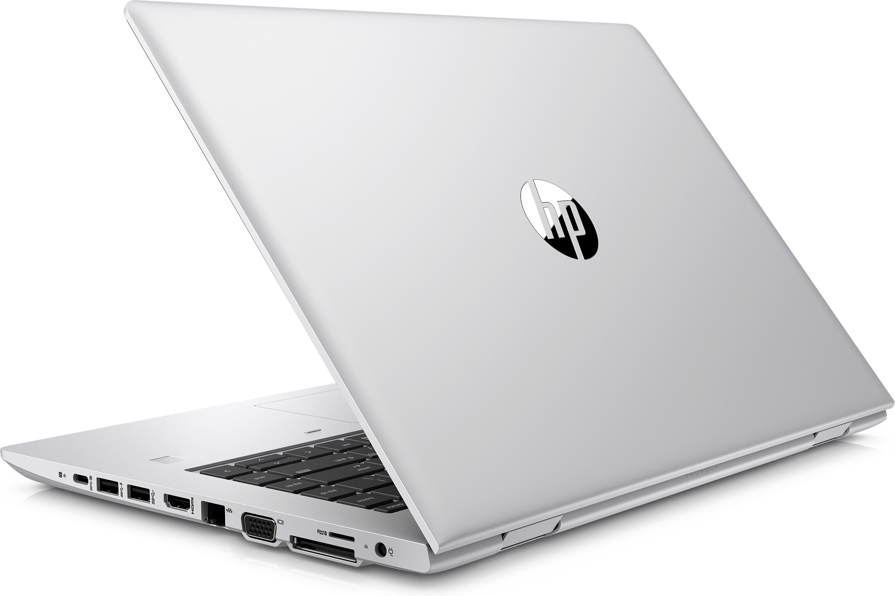 Silver laptop, angled view, back, with open lid.