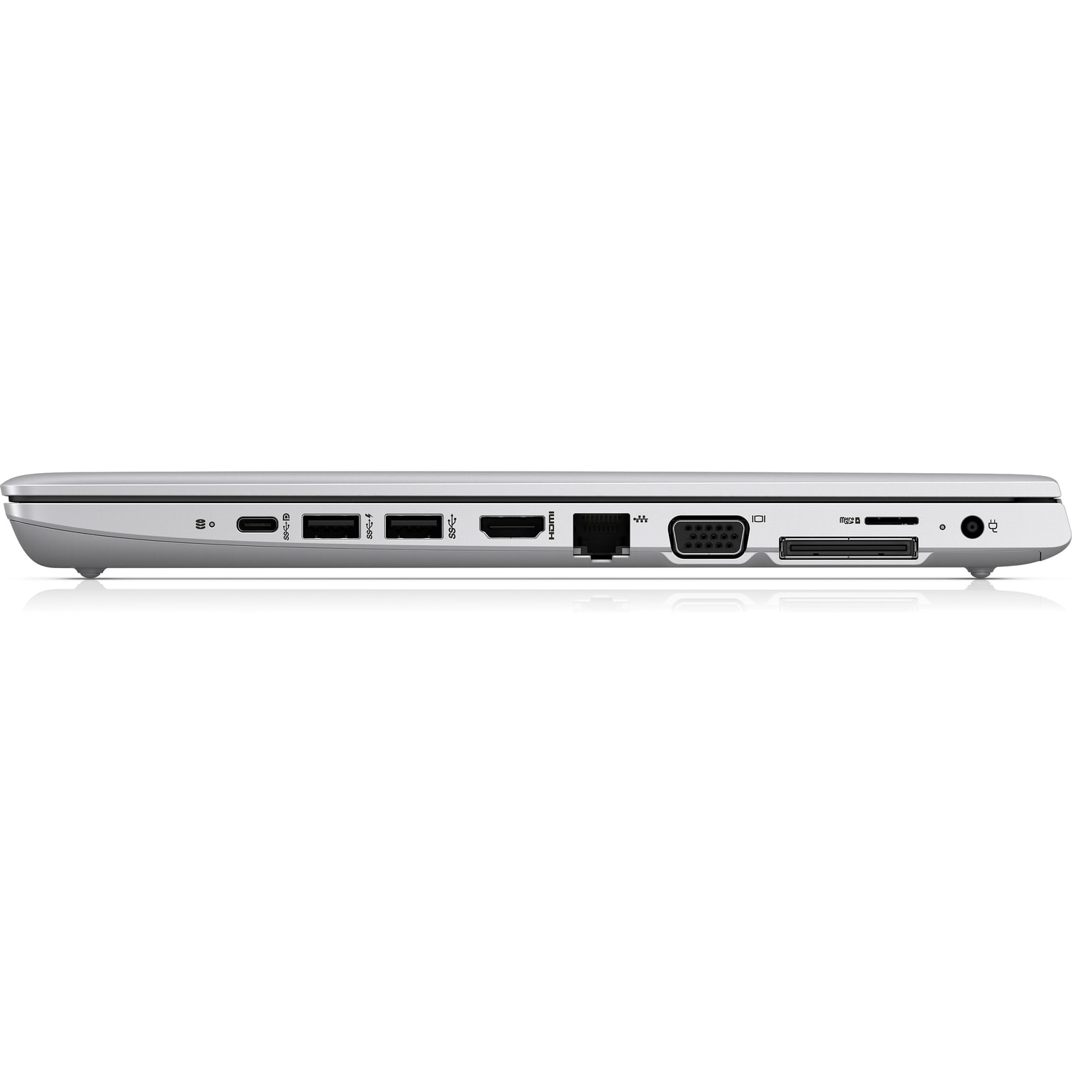 Silver laptop showing ports on the side. The laptop is on a white surface.