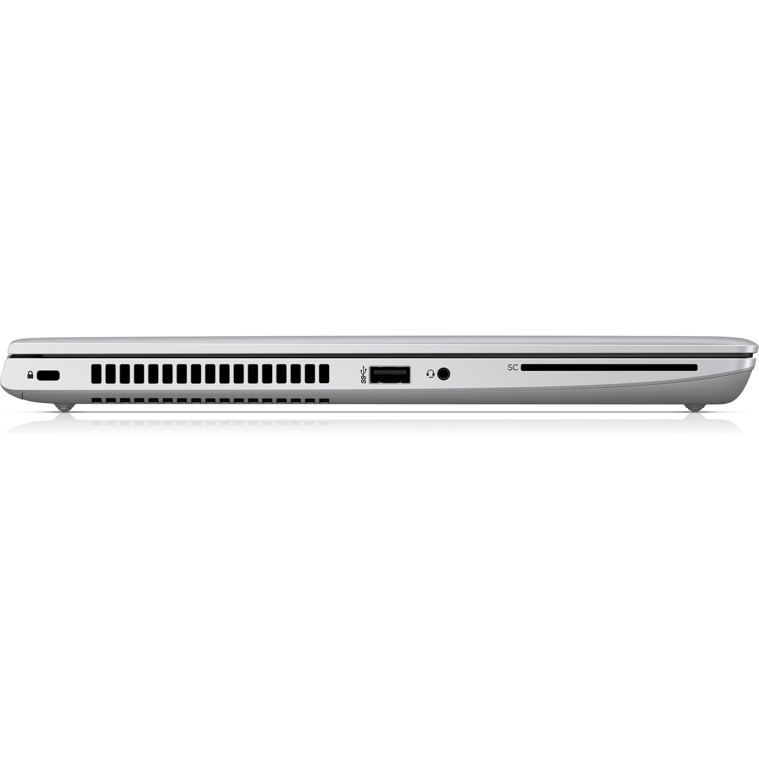 Side view of a silver laptop, showing ports for USB, audio, and a card slot.