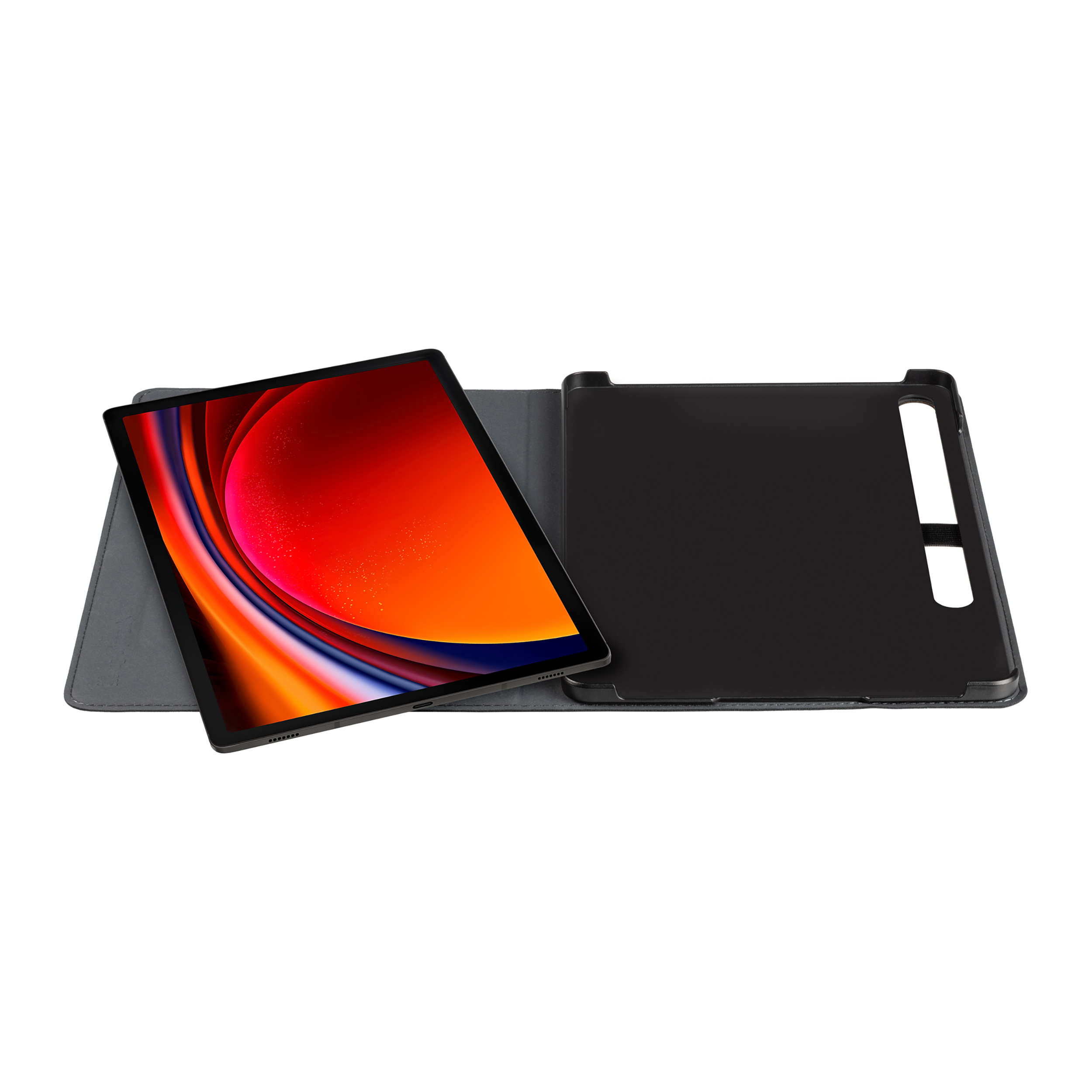 Tablet in custodia. Custodia aperta accanto. Schermo tablet con sfumatura arancione, rossa e nera.