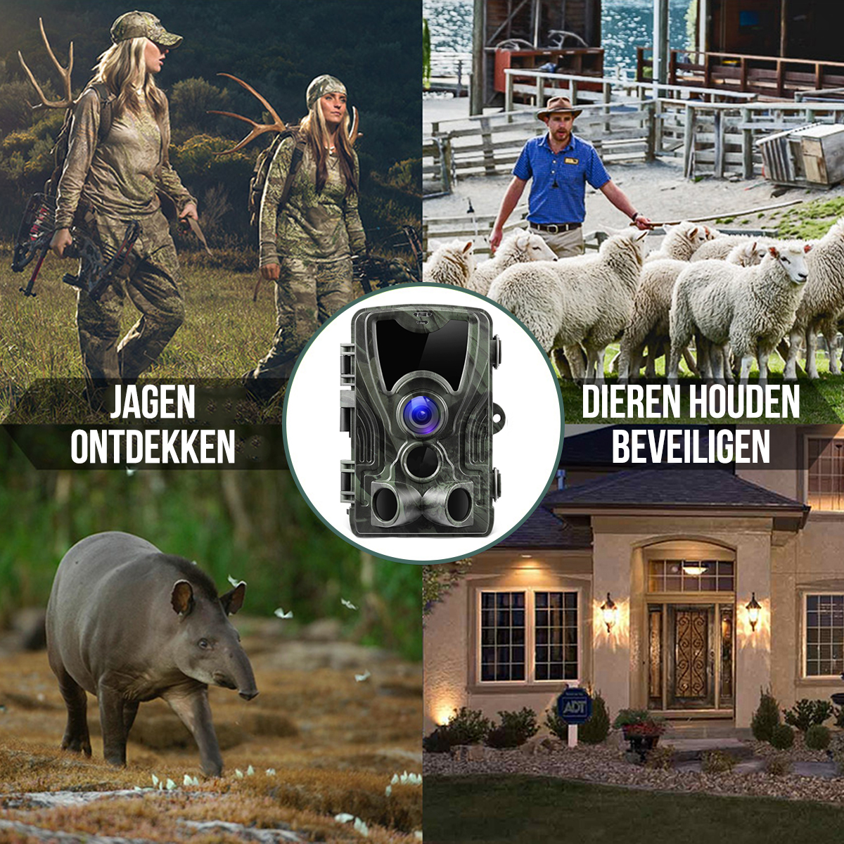 Four images: hunters, zoo with sheep, camera, and a house with security camera.