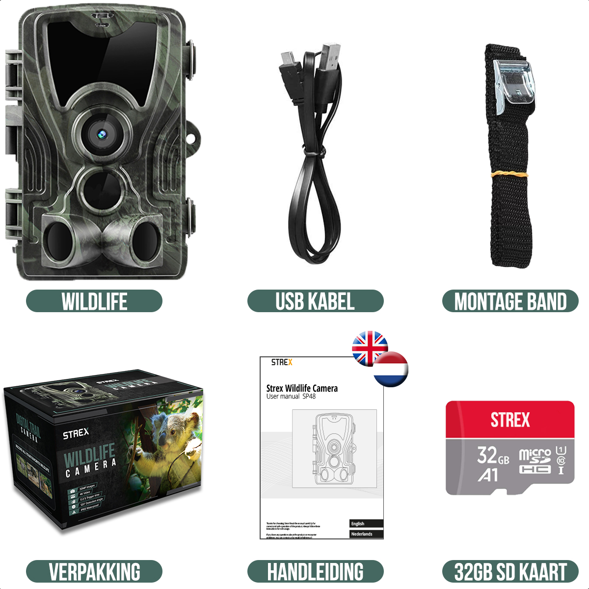 A wildlife camera with accessories: USB cable, mounting band, SD card, and packaging.
