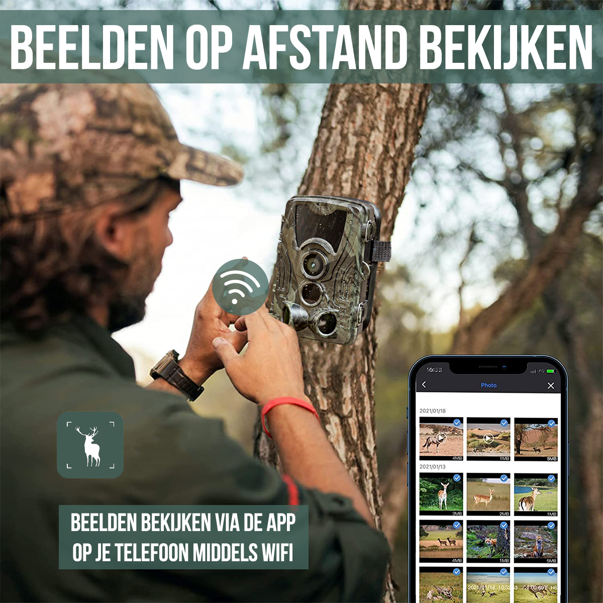 Man holding a device near a tree, with a phone showing pictures of animals and text.