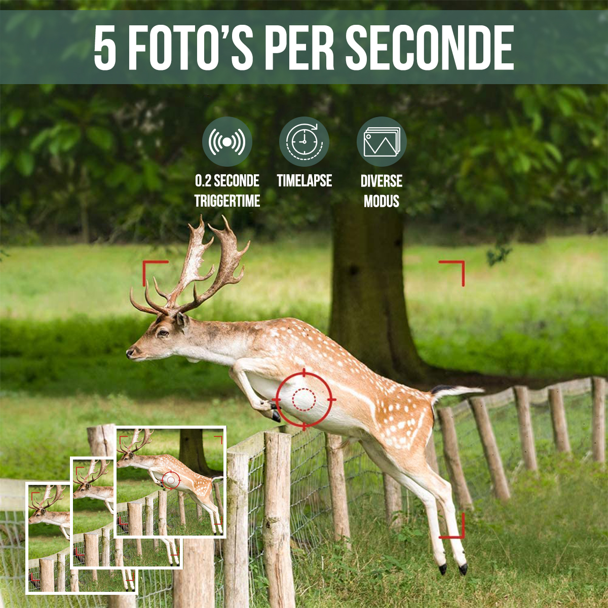 A deer jumping over a fence, with inset images and text about camera features.