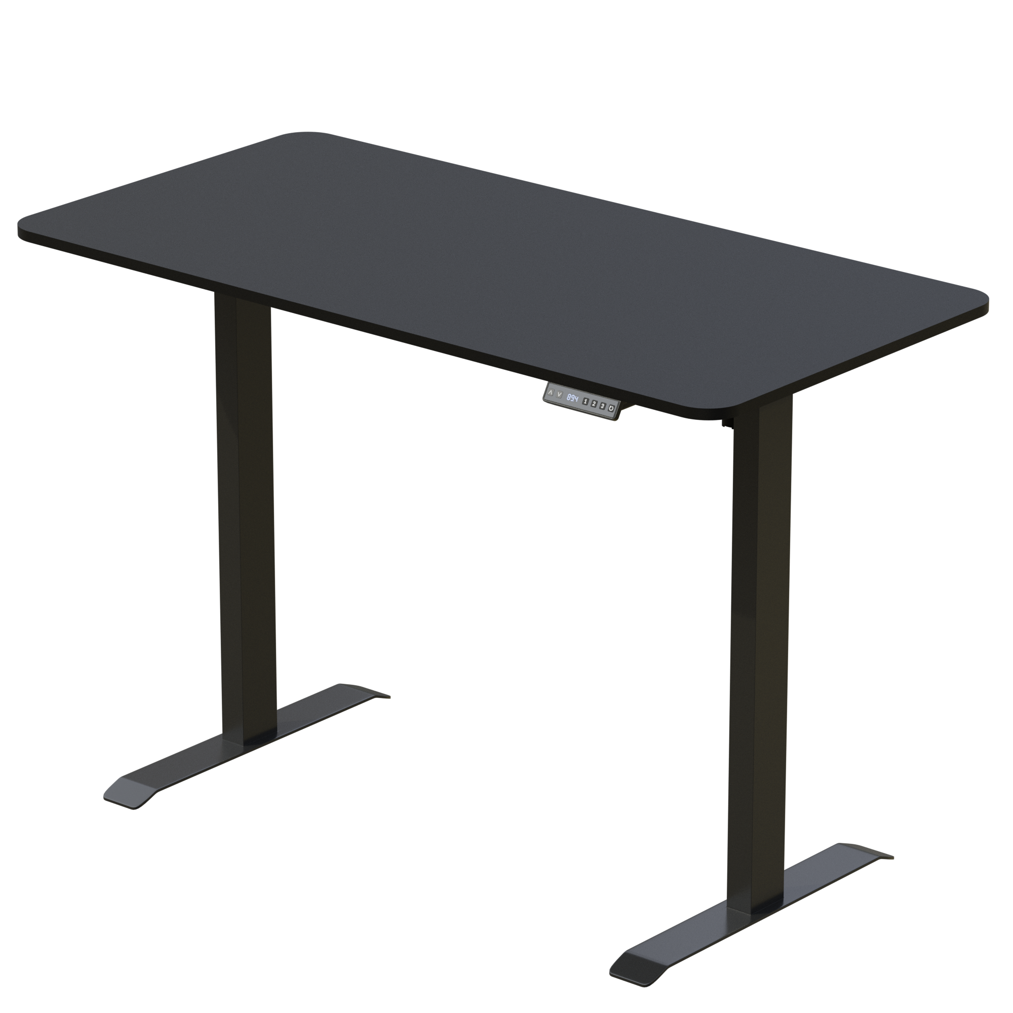 Bureau noir réglable en hauteur avec une surface sombre et deux pieds de support.