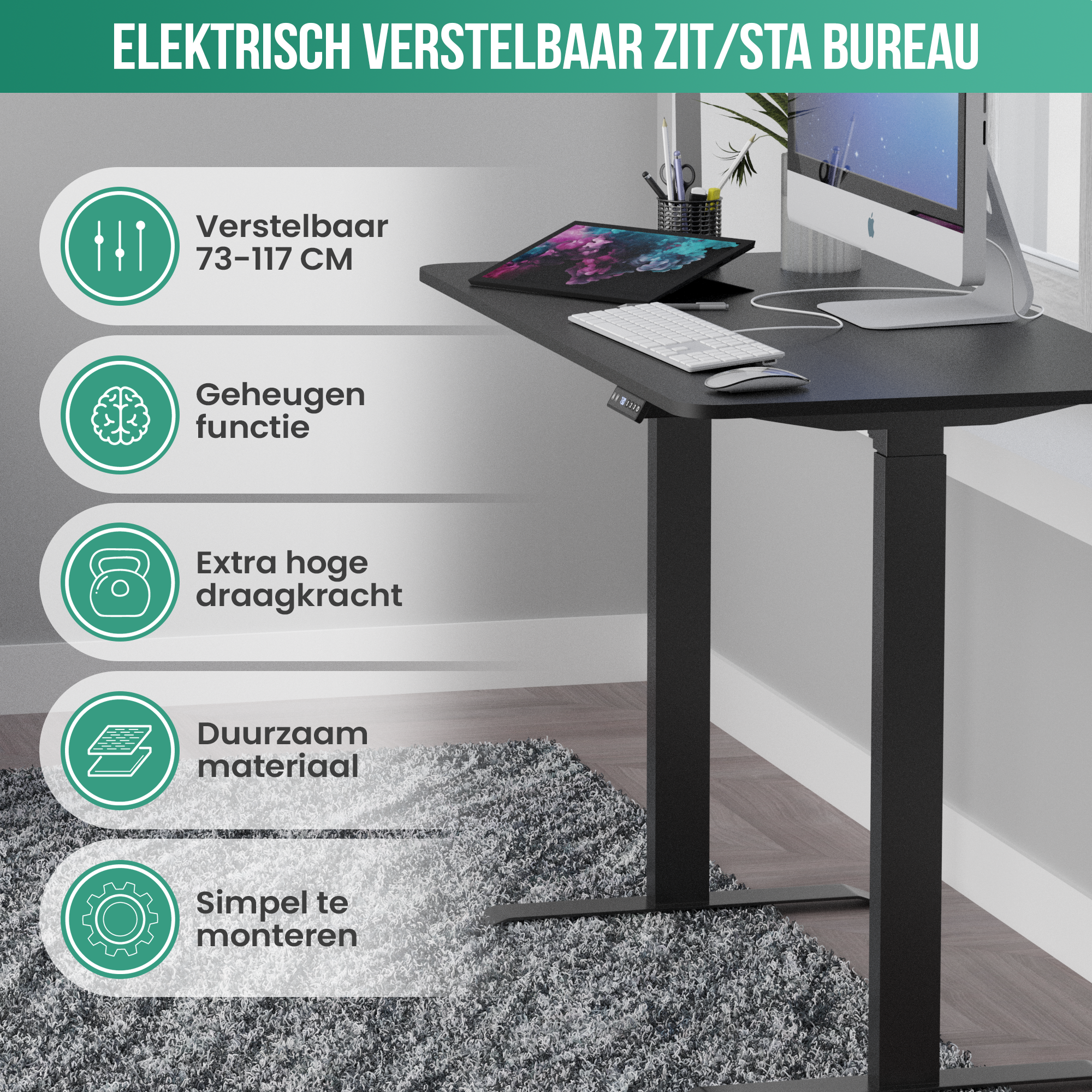 Bureau assis/debout noir avec tablette, clavier et moniteur. Les fonctionnalités sont affichées à gauche.