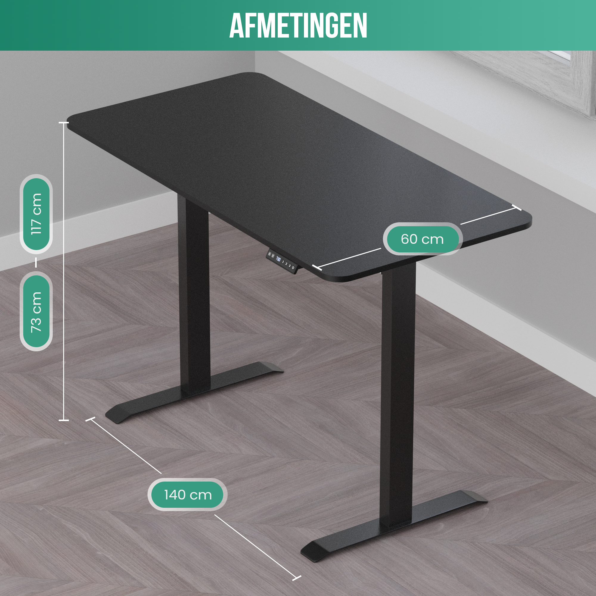 Un bureau noir avec des dimensions indiquées.