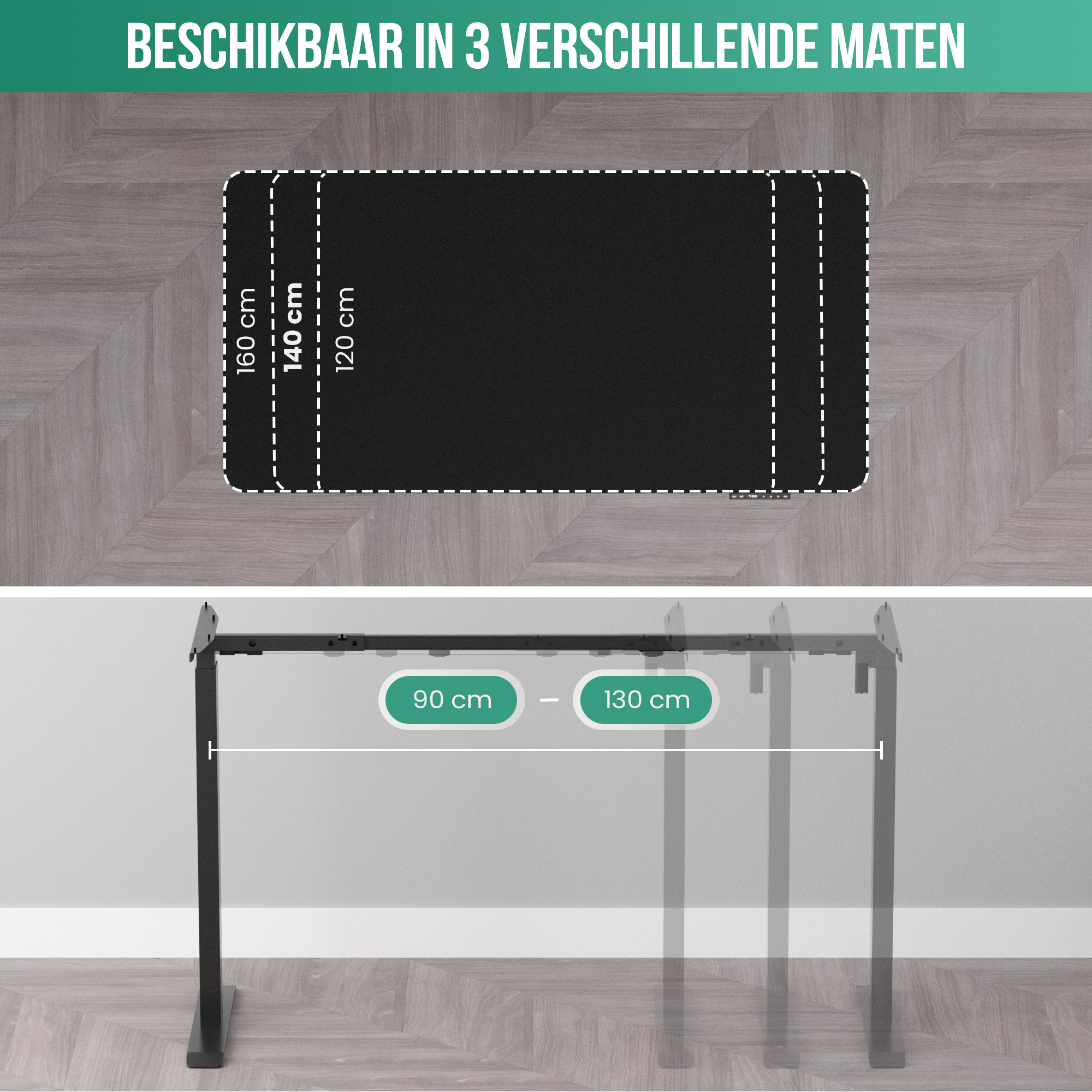 Tapis d'exercice noir avec trois tailles : 160 cm, 140 cm, 120 cm, et un support réglable.